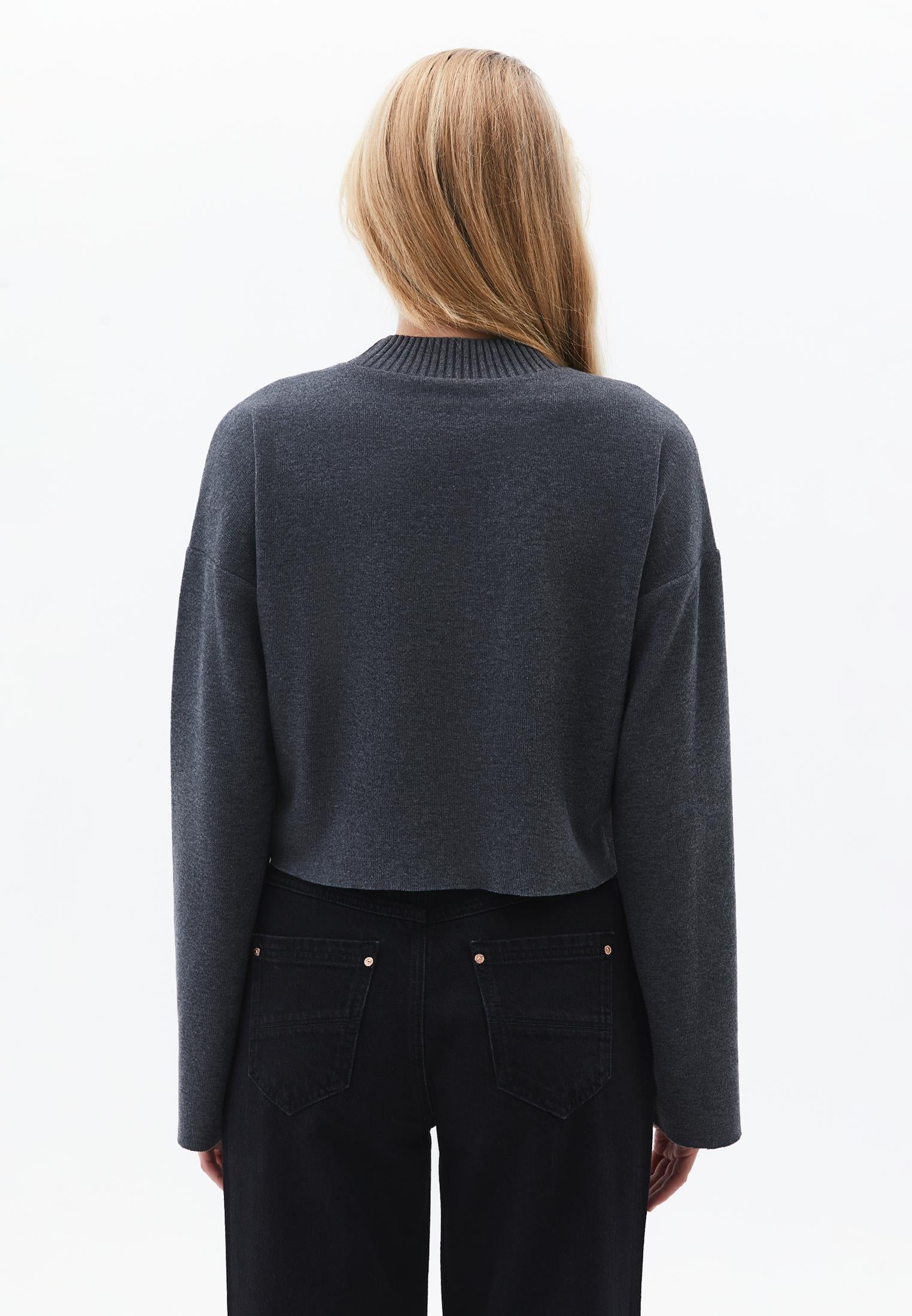 Crop High Neck Long Sleeve Sweater - ANTHRA MELANGE