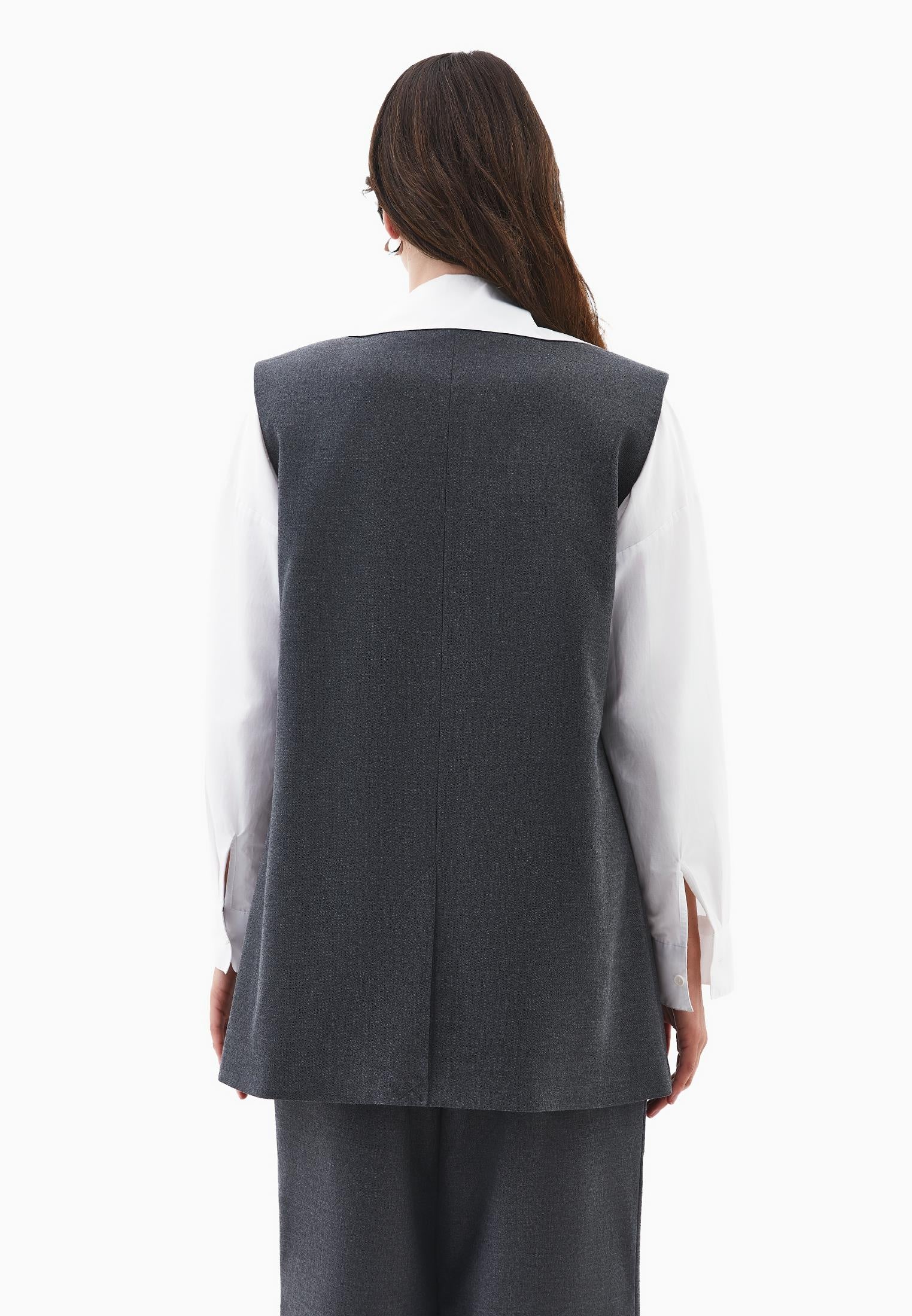 V Neck Button Detailed Oversize Vest - ANTHRA MELANGE