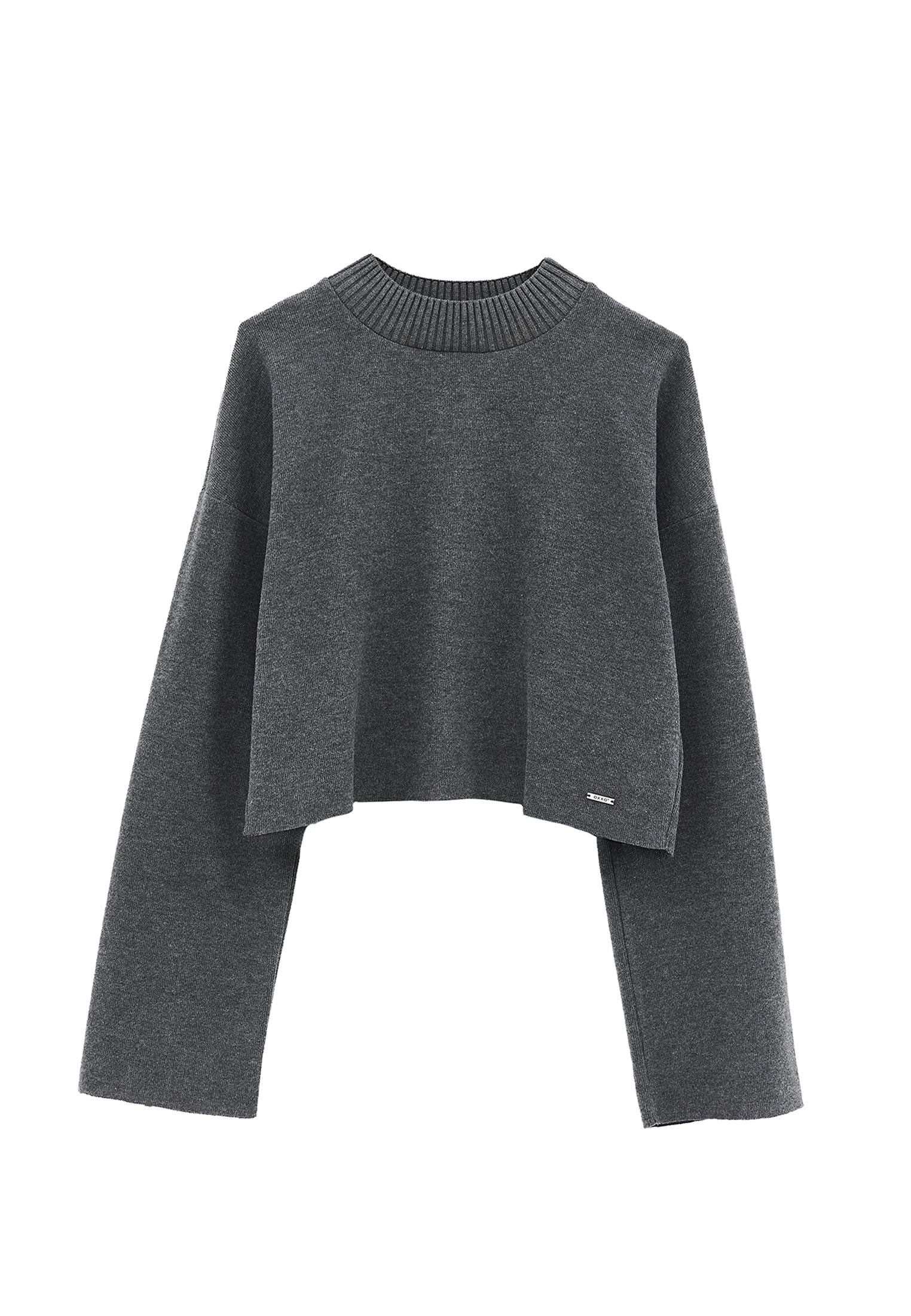 Crop High Neck Long Sleeve Sweater - ANTHRA MELANGE