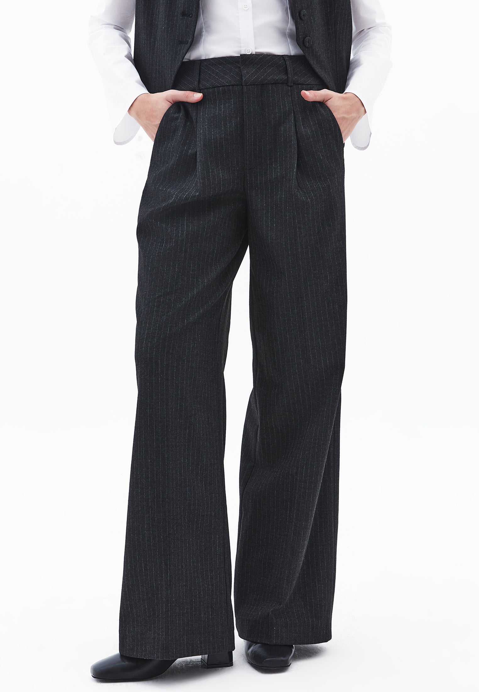Pleated Wide Leg Pants - ANTHRA STRIPE