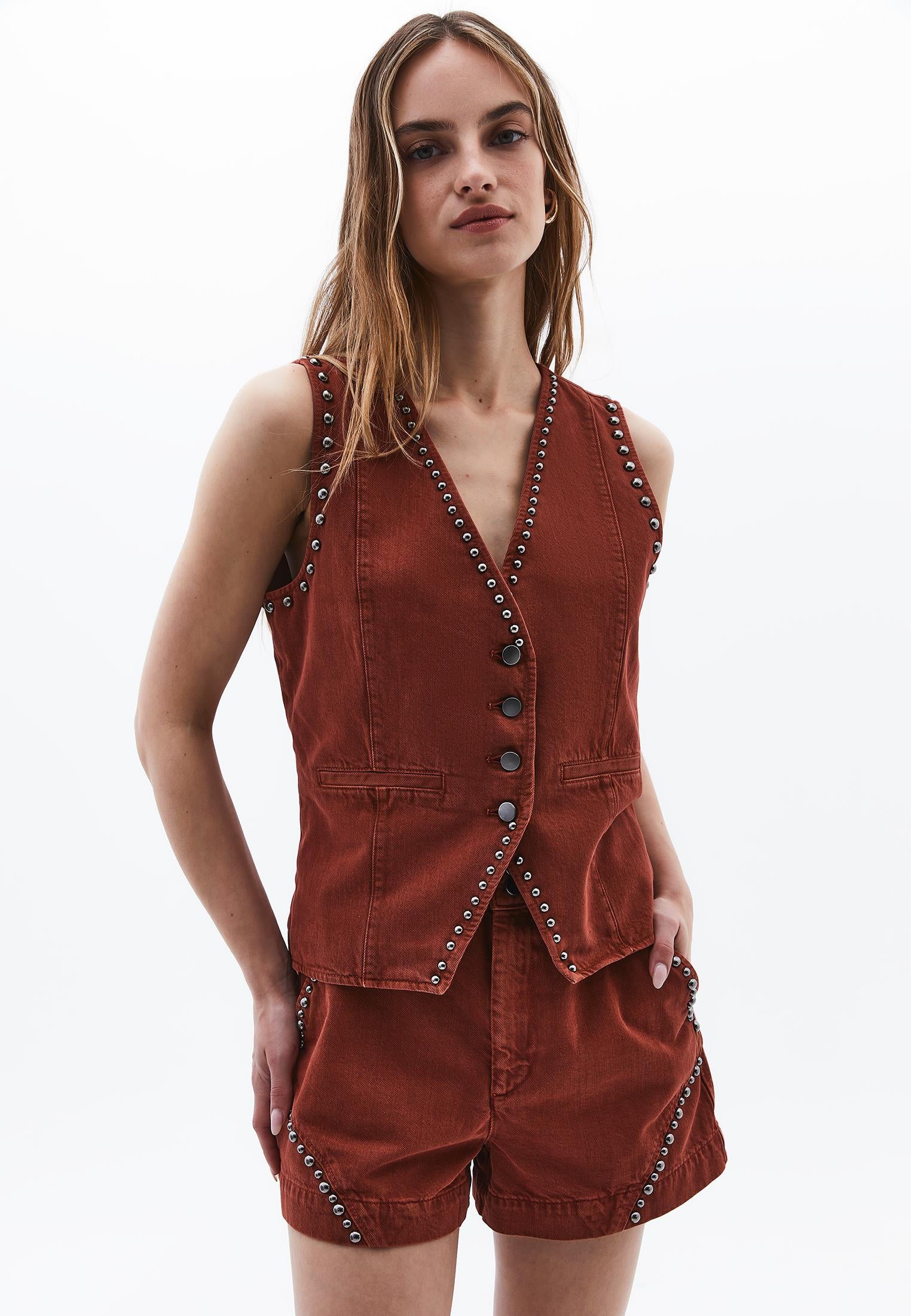 Women V Neck Sleeveless Vest - ANTIK BRANDY BROWN