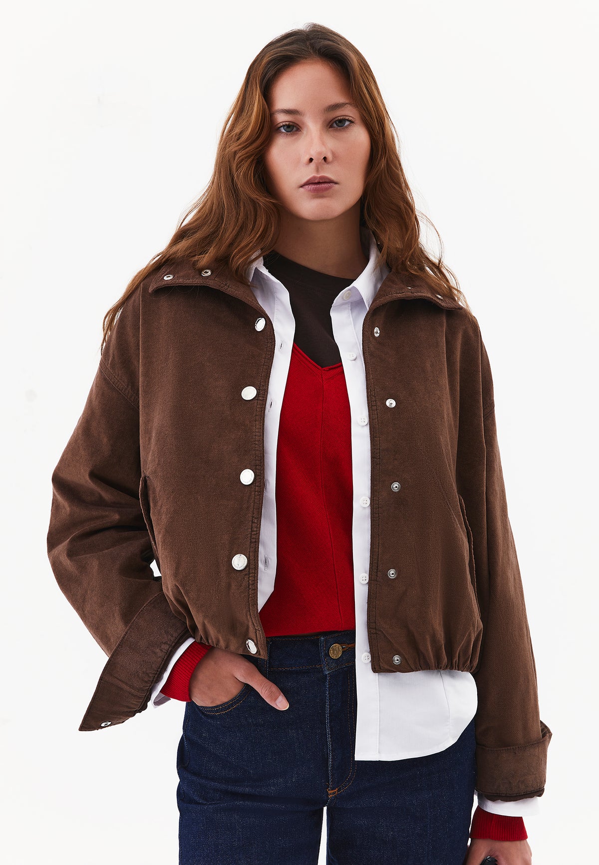 High Neck Ribbed Bomber Jacket - ANTIK CHICORY COFFEE