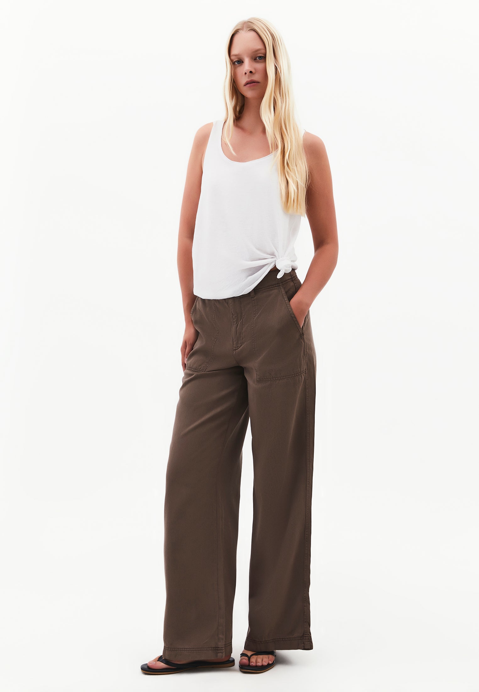 Woven Trousers With Pockets, High Waist And Wide Leg - ANTIK CHOCOLATE CHIP