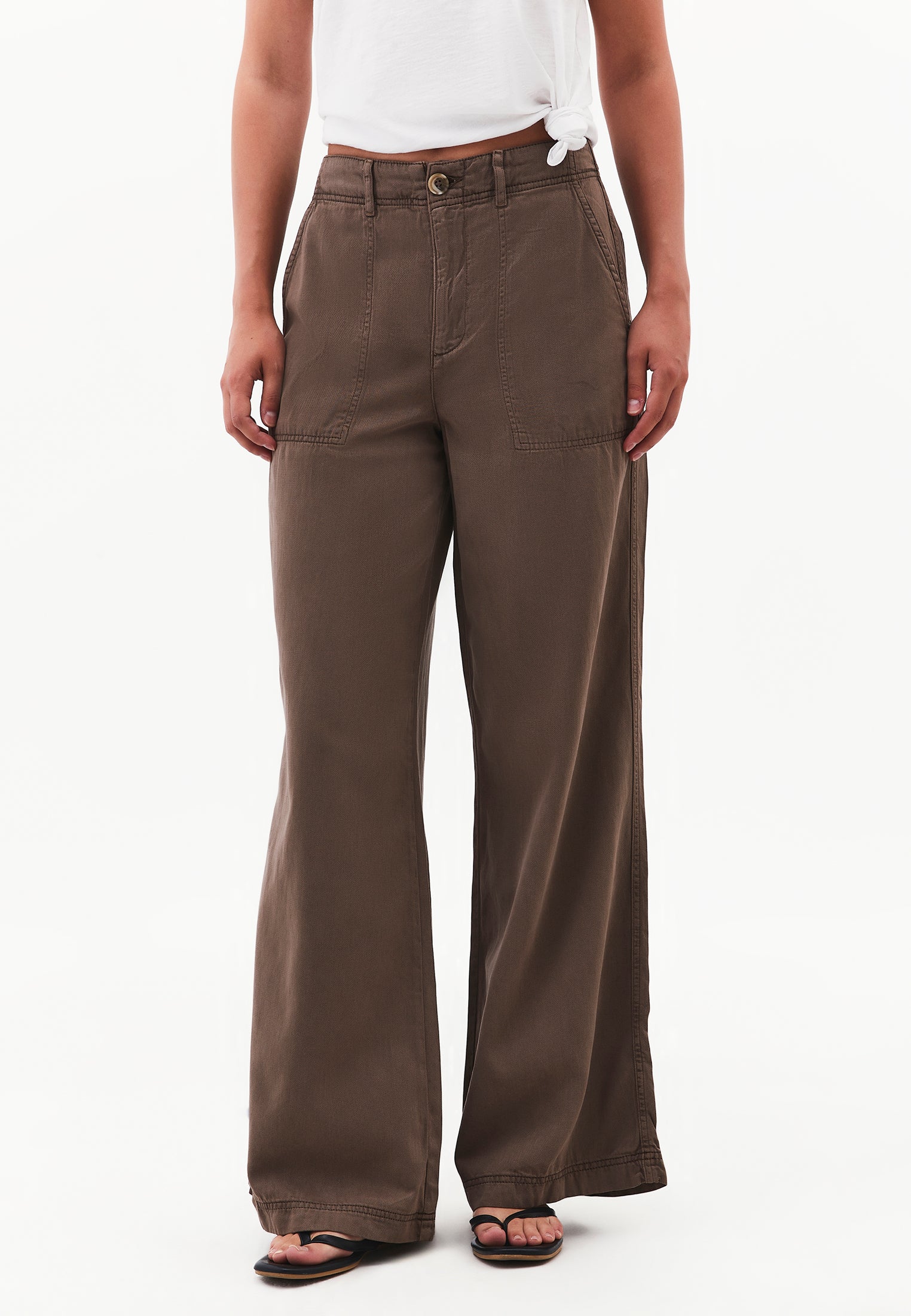 Woven Trousers With Pockets, High Waist And Wide Leg - ANTIK CHOCOLATE CHIP