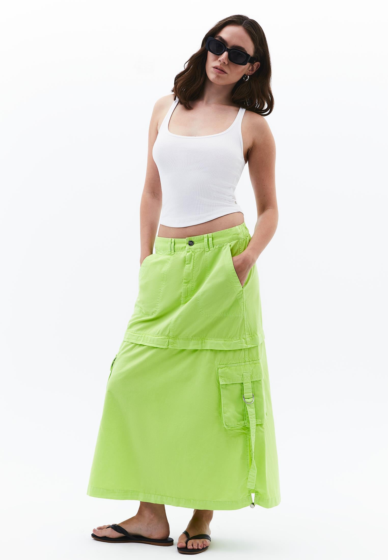 Long A-Line Cargo Skirt With Buckle Detail - ANTIK LETTUCE GREEN