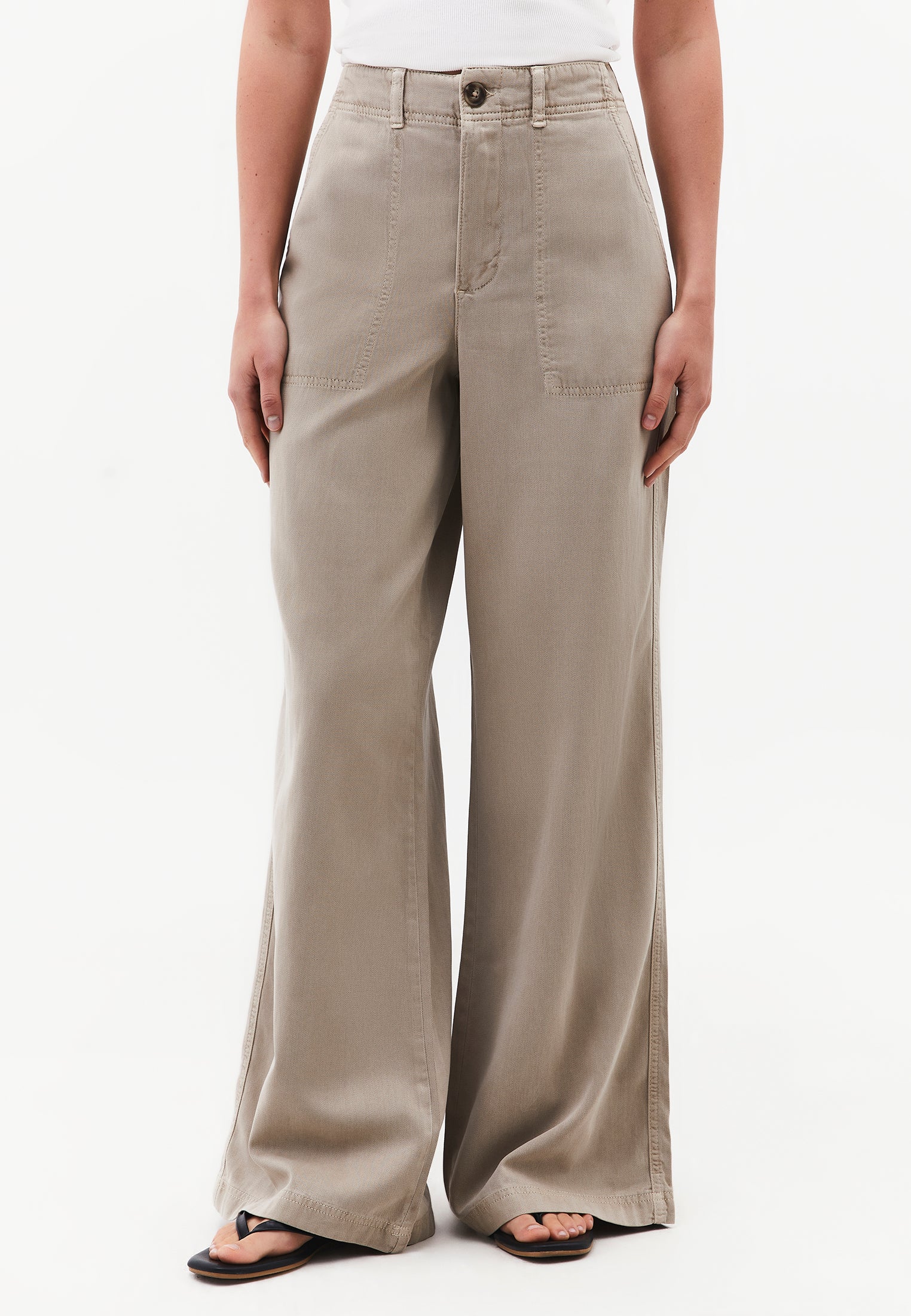 Woven Trousers With Pockets, High Waist And Wide Leg - ANTIK PLAZA TAUPE