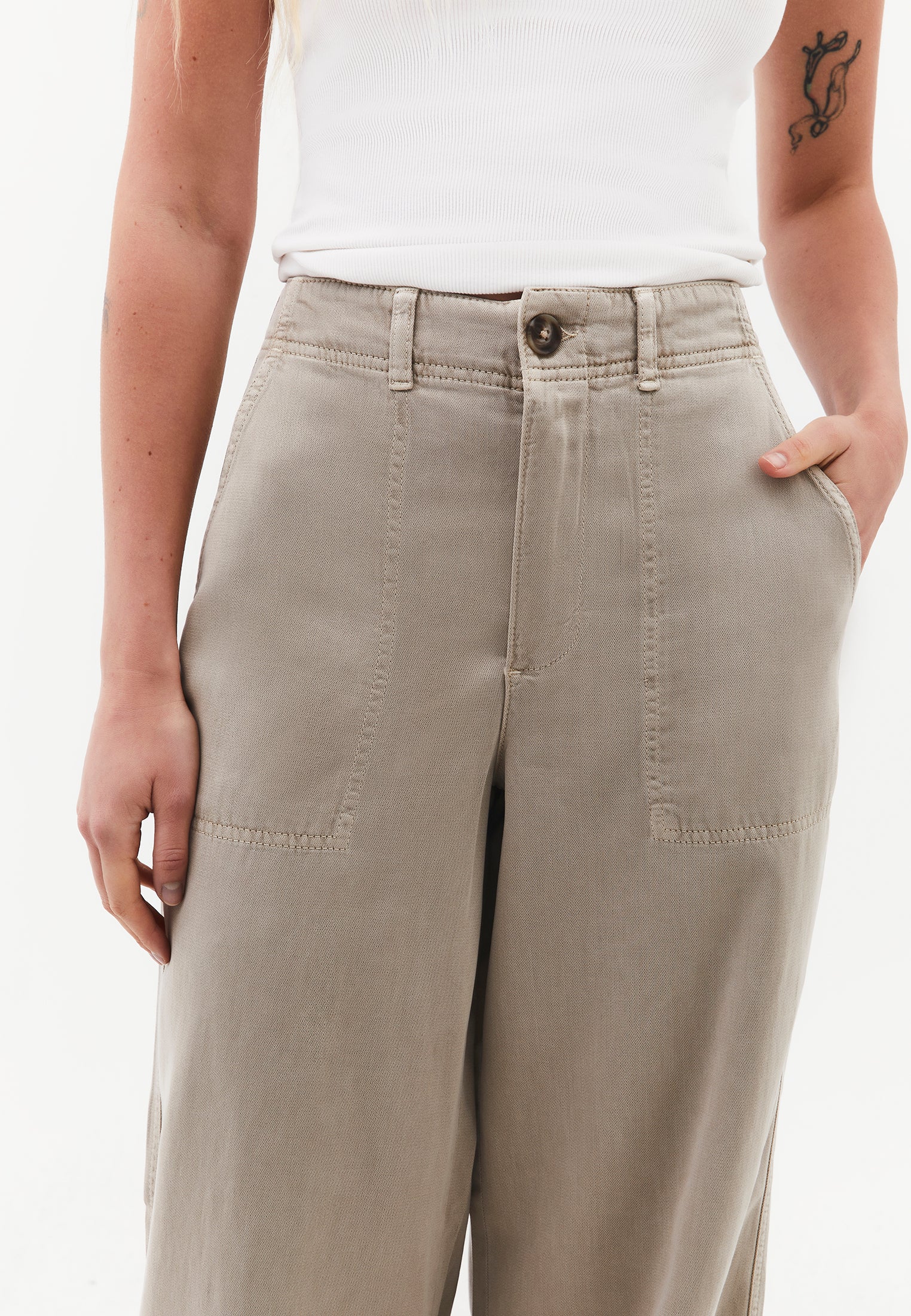 Woven Trousers With Pockets, High Waist And Wide Leg - ANTIK PLAZA TAUPE