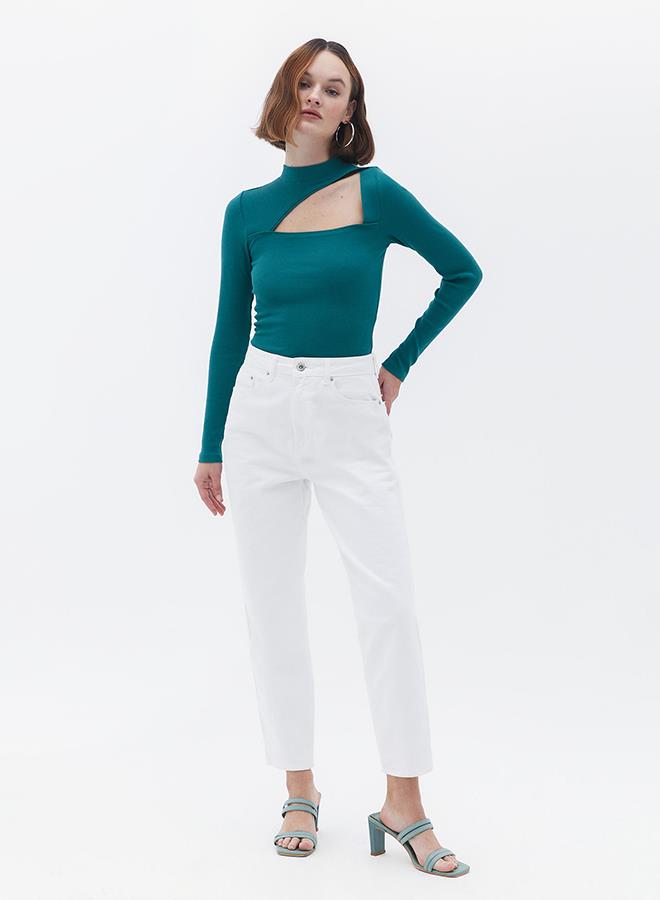 High Neck Long Sleeve Bodycon T-Shirt - ANTIQUE GREEN