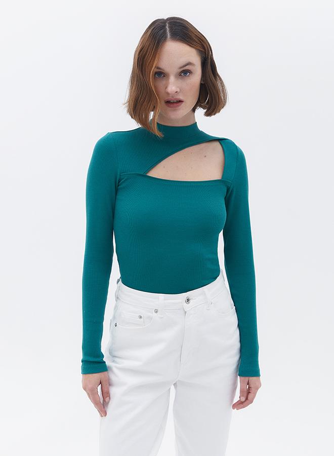 High Neck Long Sleeve Bodycon T-Shirt - ANTIQUE GREEN