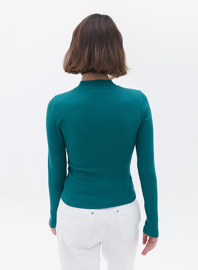 High Neck Long Sleeve Bodycon T-Shirt - ANTIQUE GREEN