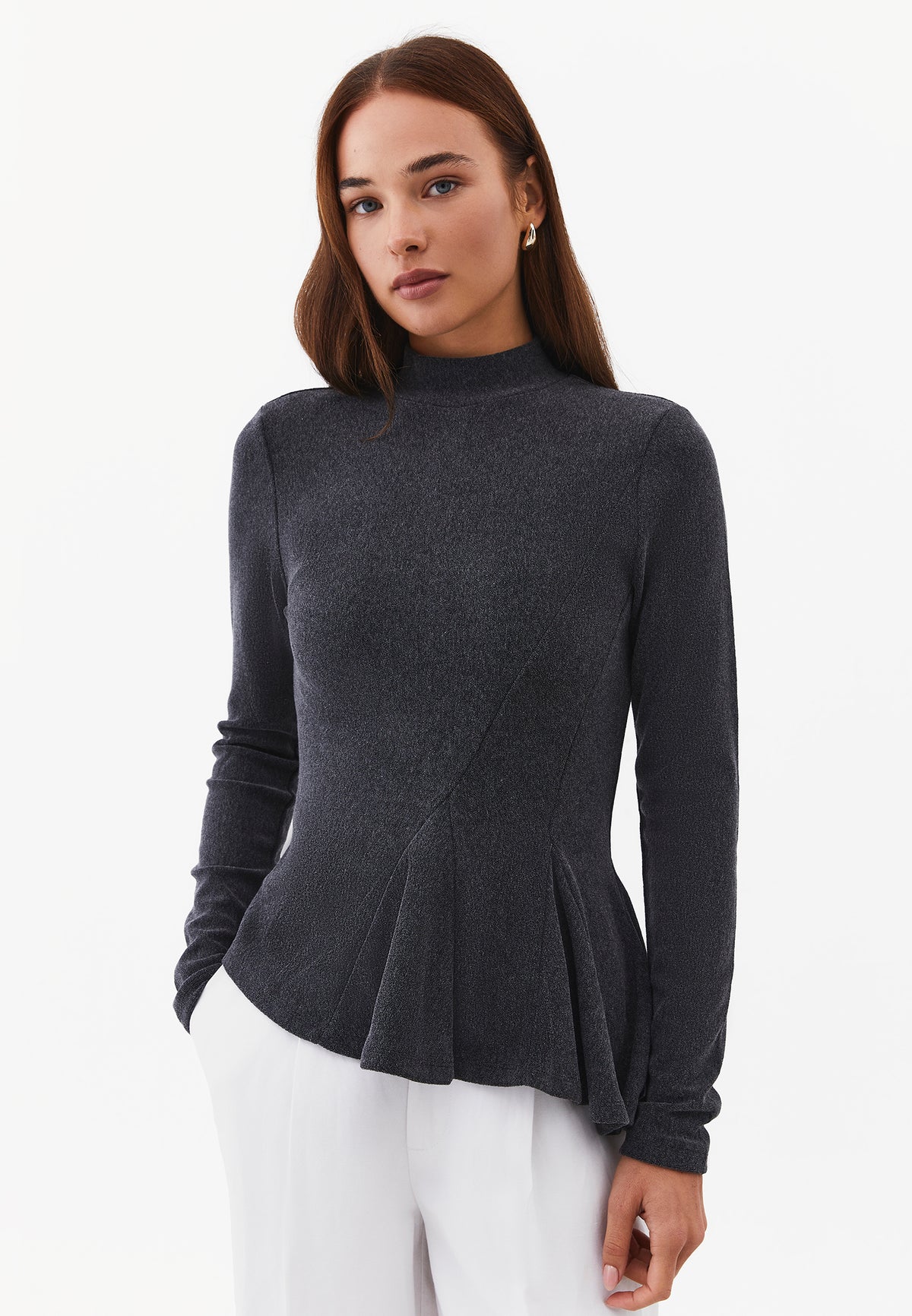 Asymmetric High Neck Long Sleeve Blouse - ANTRA MELANGE