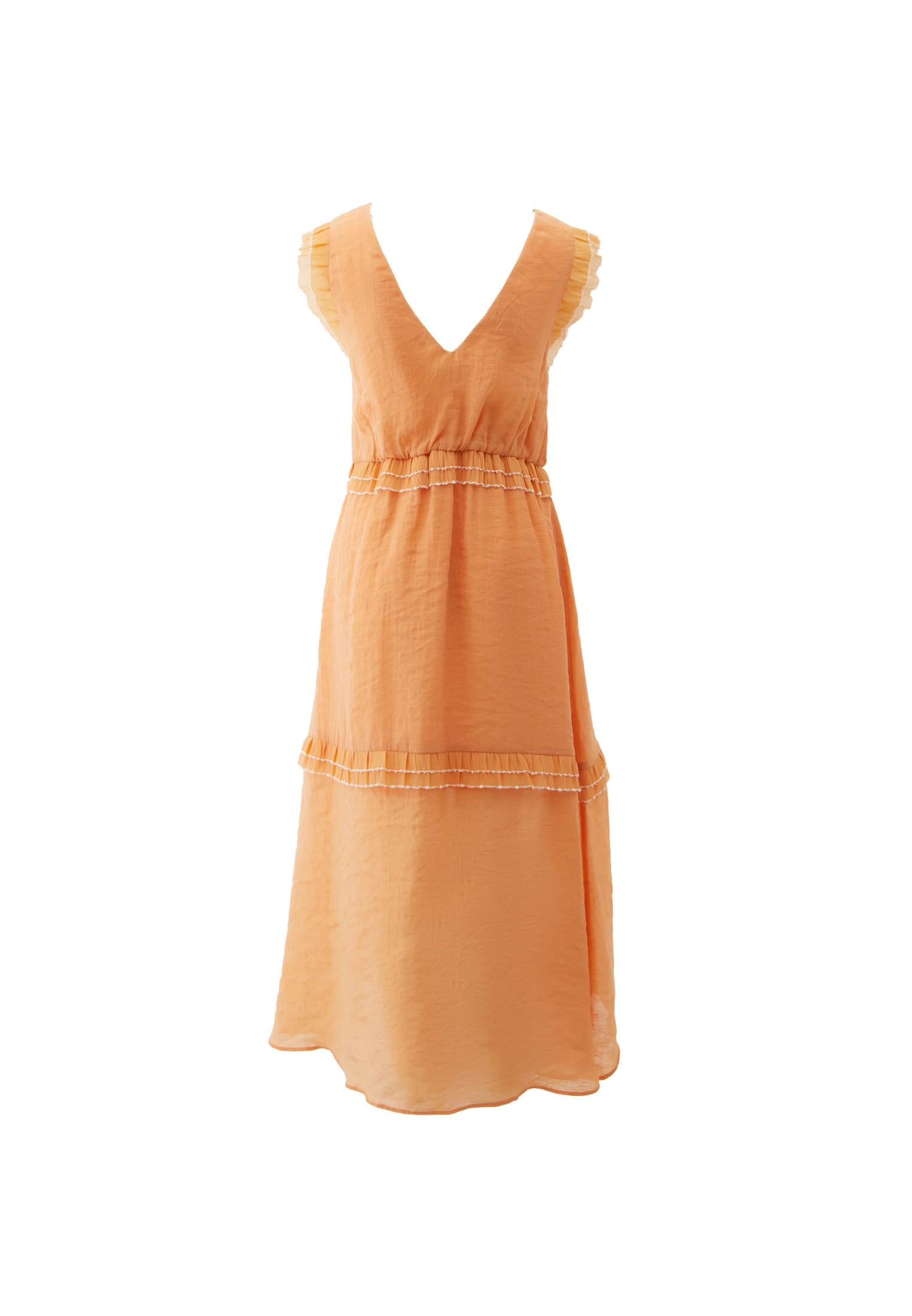 V Neck Sleeveless Ruffled Maxi Dress - APRICOT NECTAR