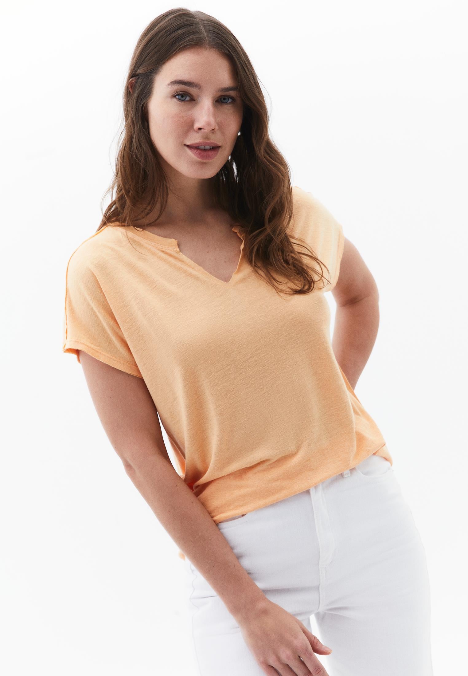 V Neck Short Sleeve T-Shirt - APRICOT NECTAR