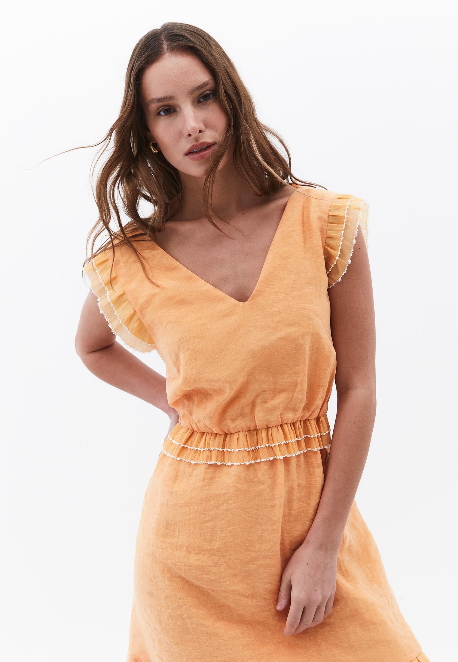 V Neck Sleeveless Ruffled Maxi Dress - APRICOT NECTAR