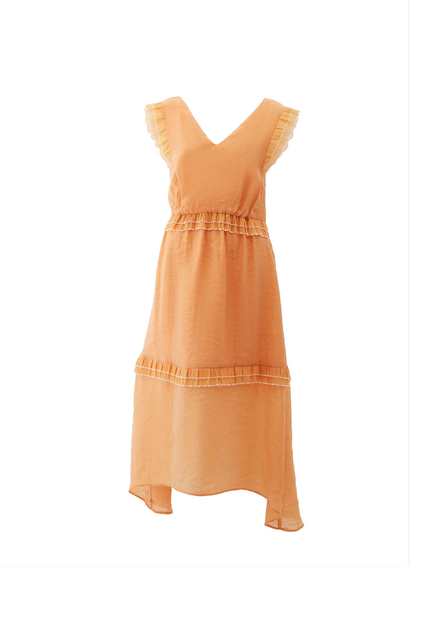 V Neck Sleeveless Ruffled Maxi Dress - APRICOT NECTAR