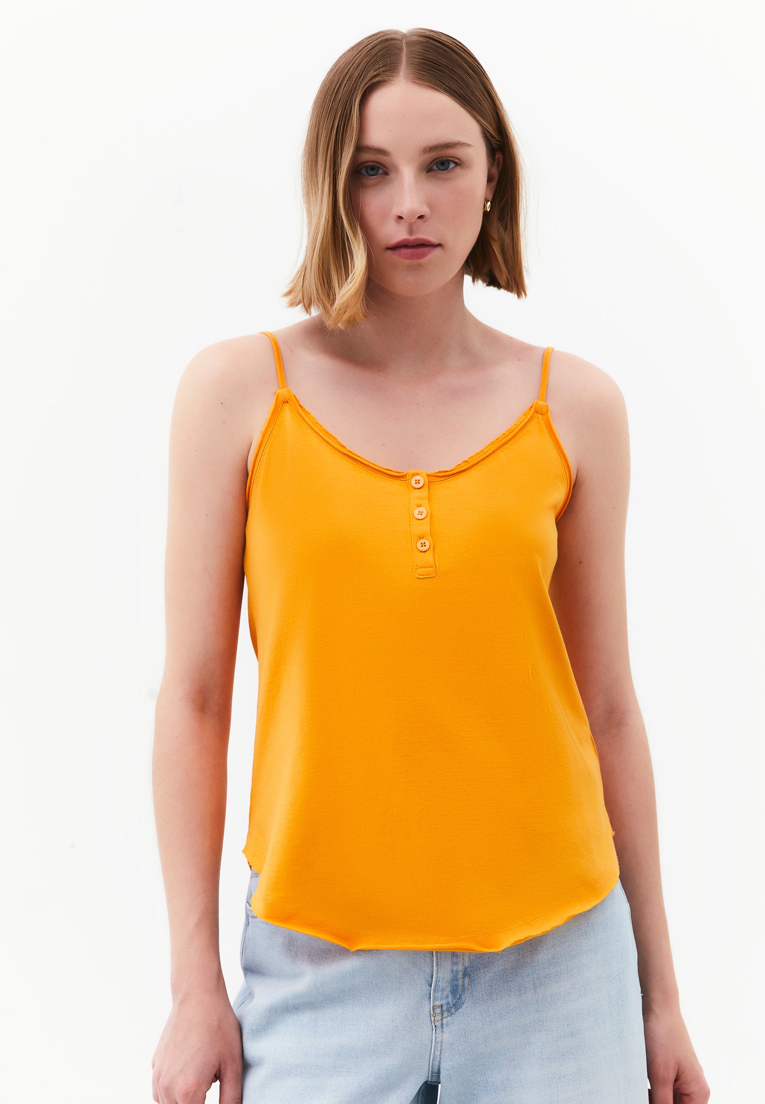 Loose V-Neck Top With Button Details - APRICOT