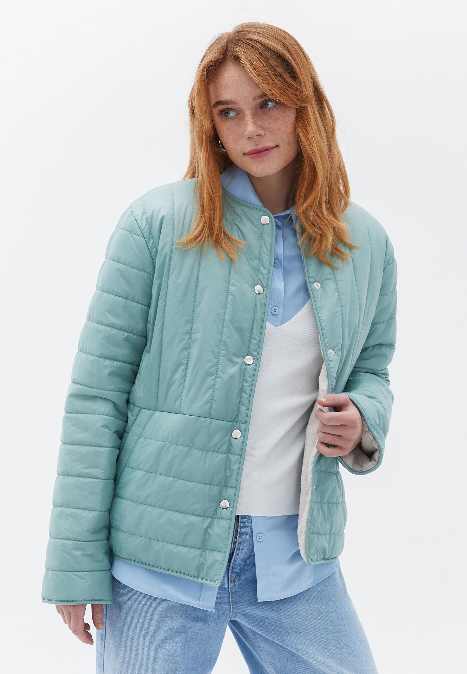 Crew Neck Long Sleeve Quilted Faux Fur Jacket - AQUA GRAY