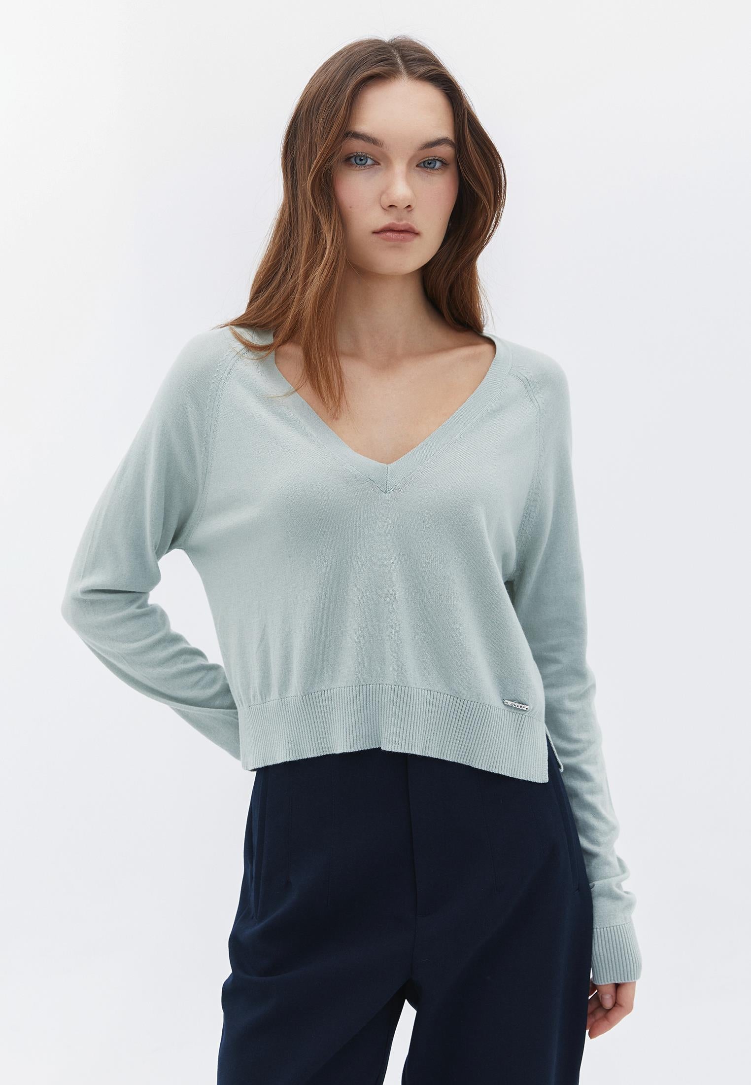 V Neck Raglan Sleeve Sweater - AQUA GRAY