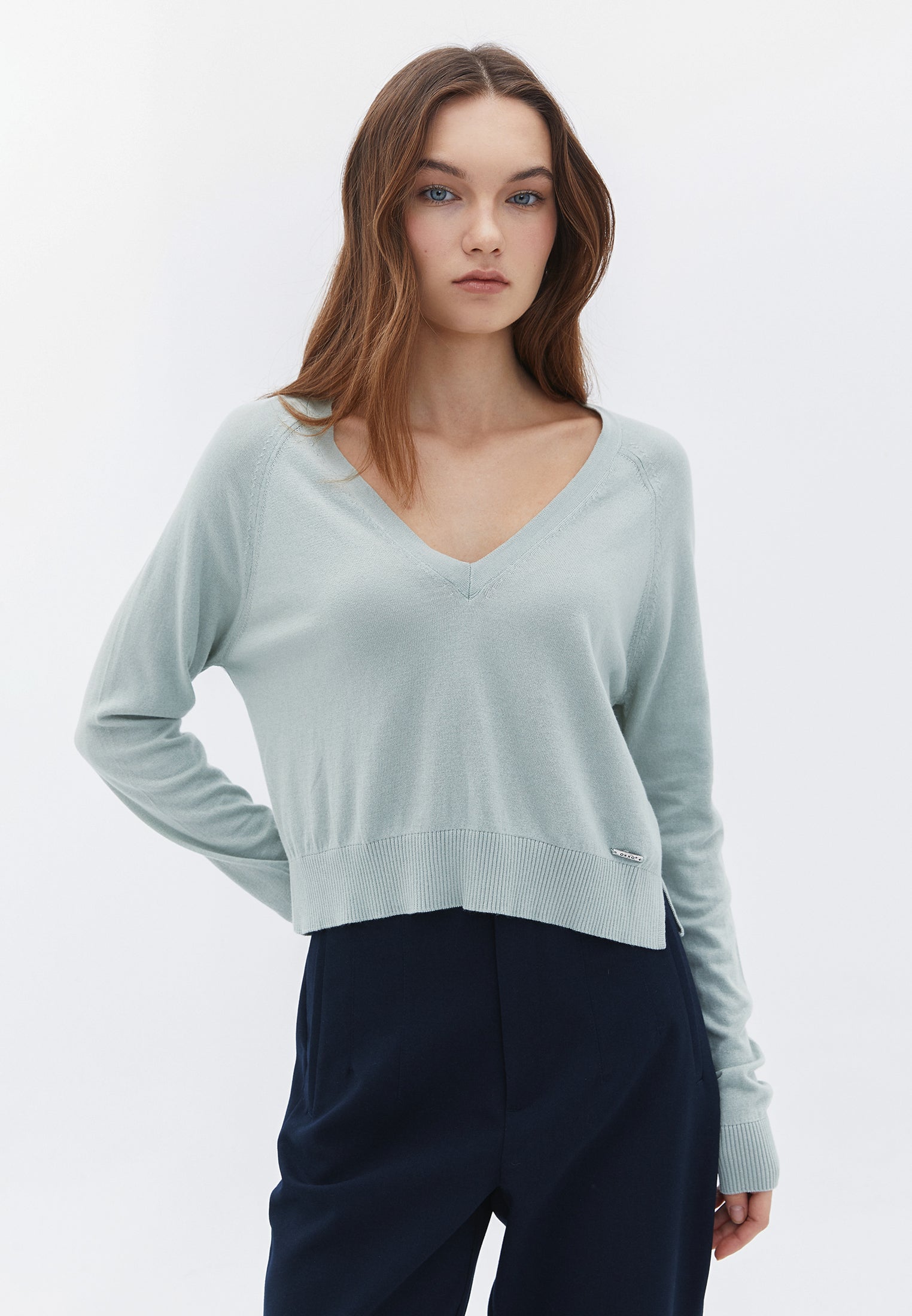 V Neck Raglan Sleeve Sweater - AQUA GRAY