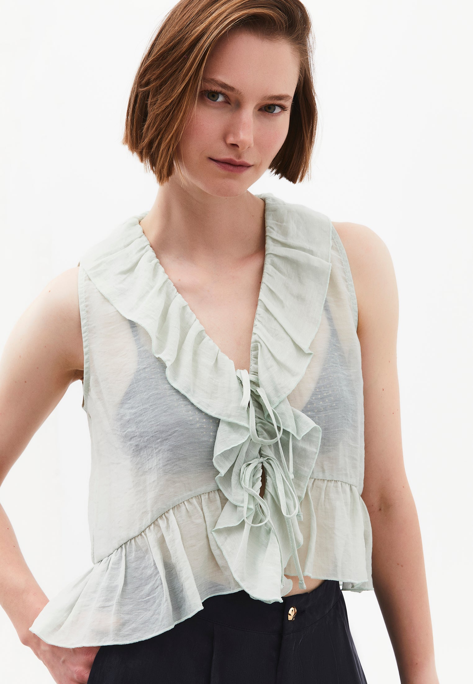 Sleeveless Blouse With Ruffle Detail And V Neckline - AQUA GRAY