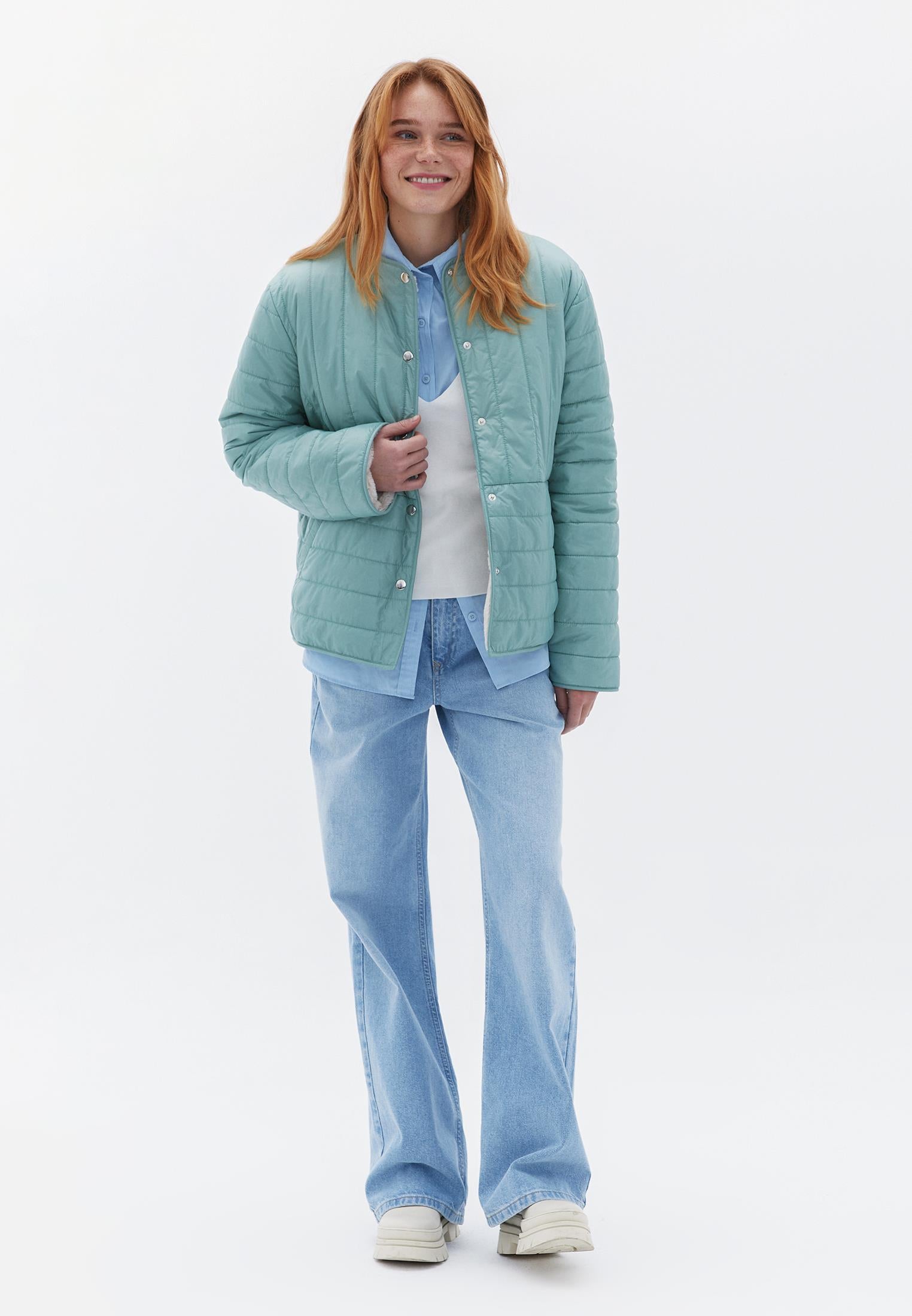 Crew Neck Long Sleeve Quilted Faux Fur Jacket - AQUA GRAY