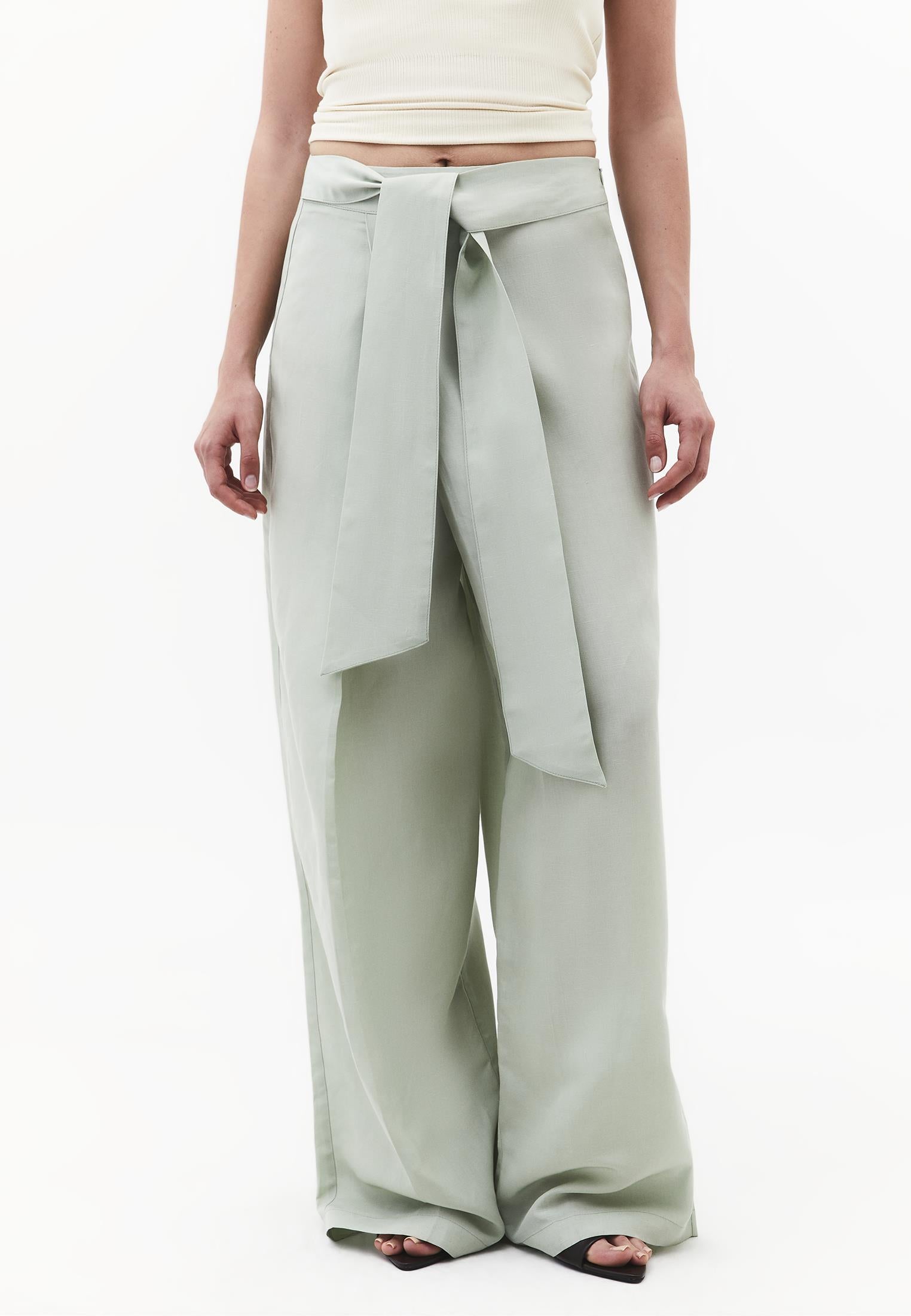 Belted High Waist Wide Leg Pants - AQUA GRAY