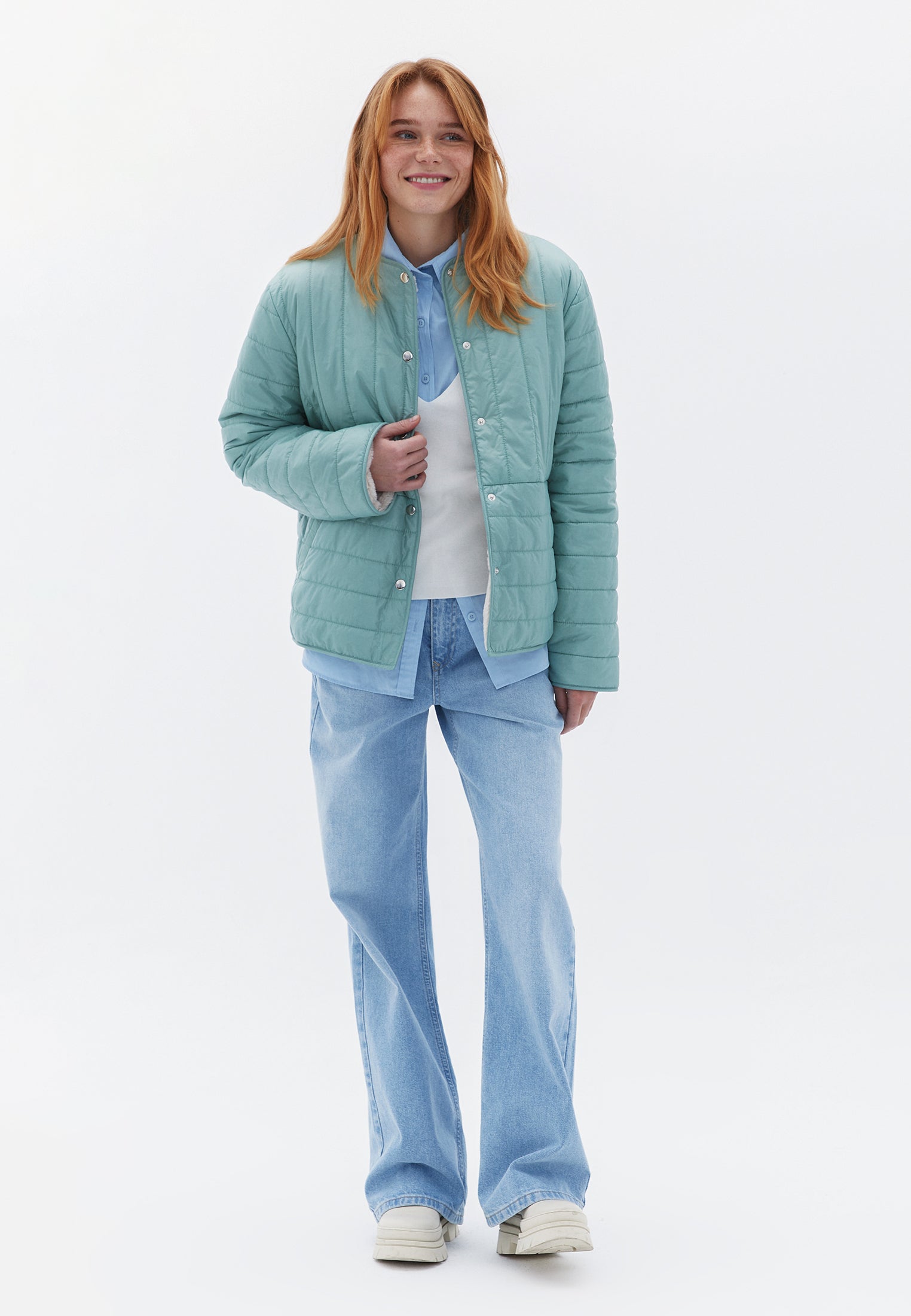 Crew Neck Long Sleeve Quilted Faux Fur Jacket - AQUA GRAY