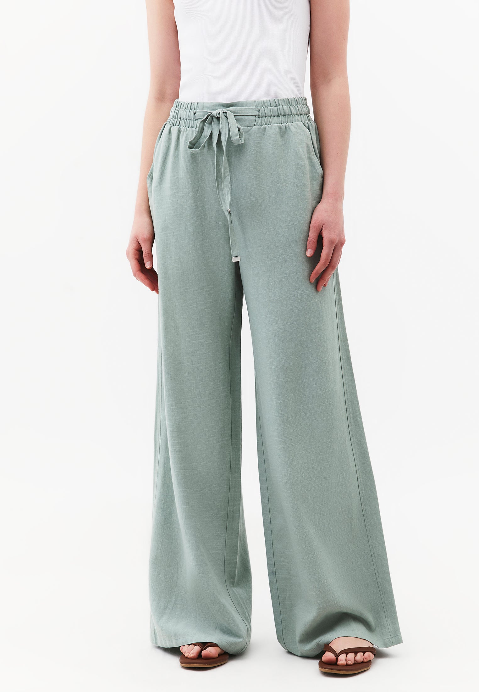 High Waist Wide Leg Elastic Waist Pants - AQUA GRAY