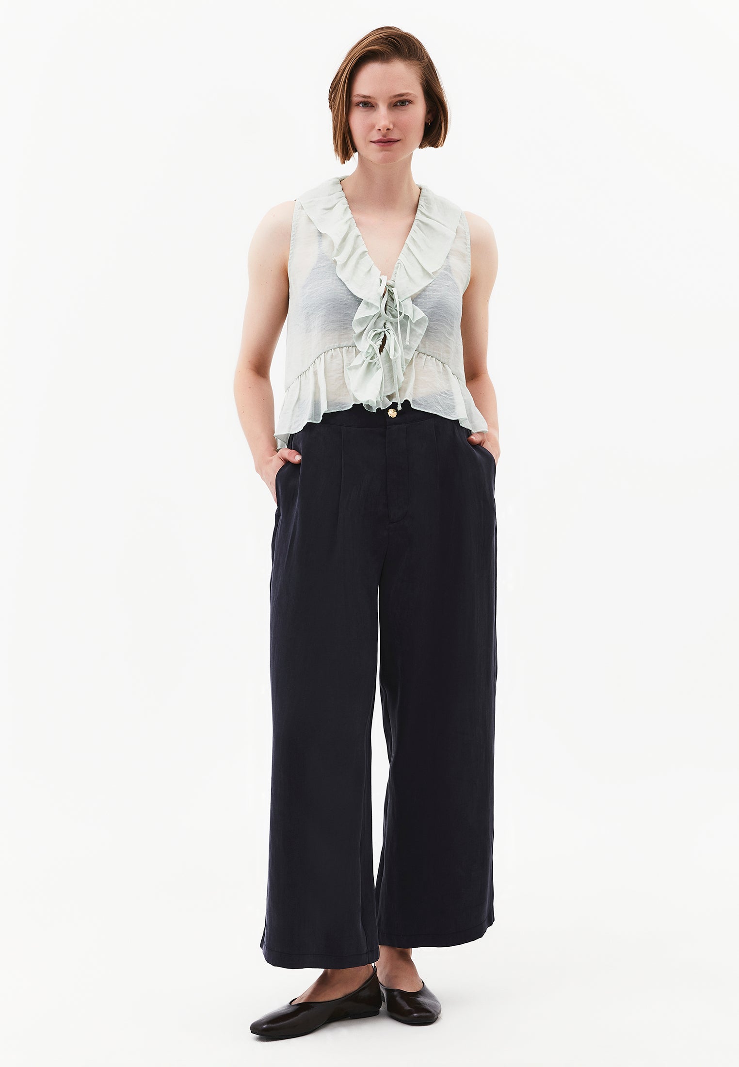 Sleeveless Blouse With Ruffle Detail And V Neckline - AQUA GRAY