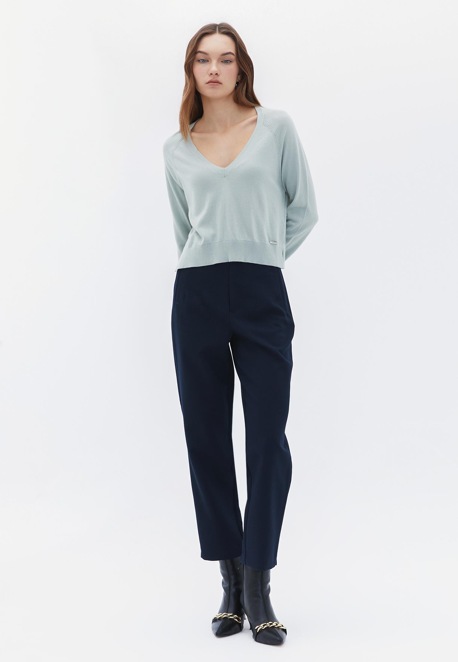 V Neck Raglan Sleeve Sweater - AQUA GRAY