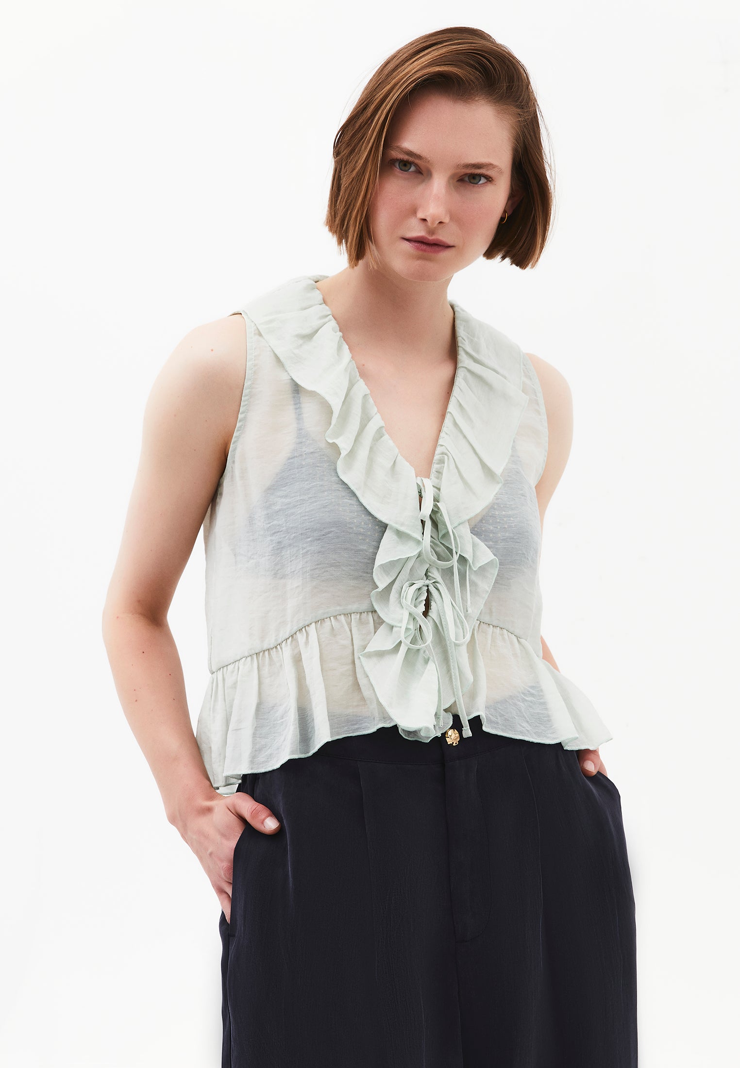 Sleeveless Blouse With Ruffle Detail And V Neckline - AQUA GRAY