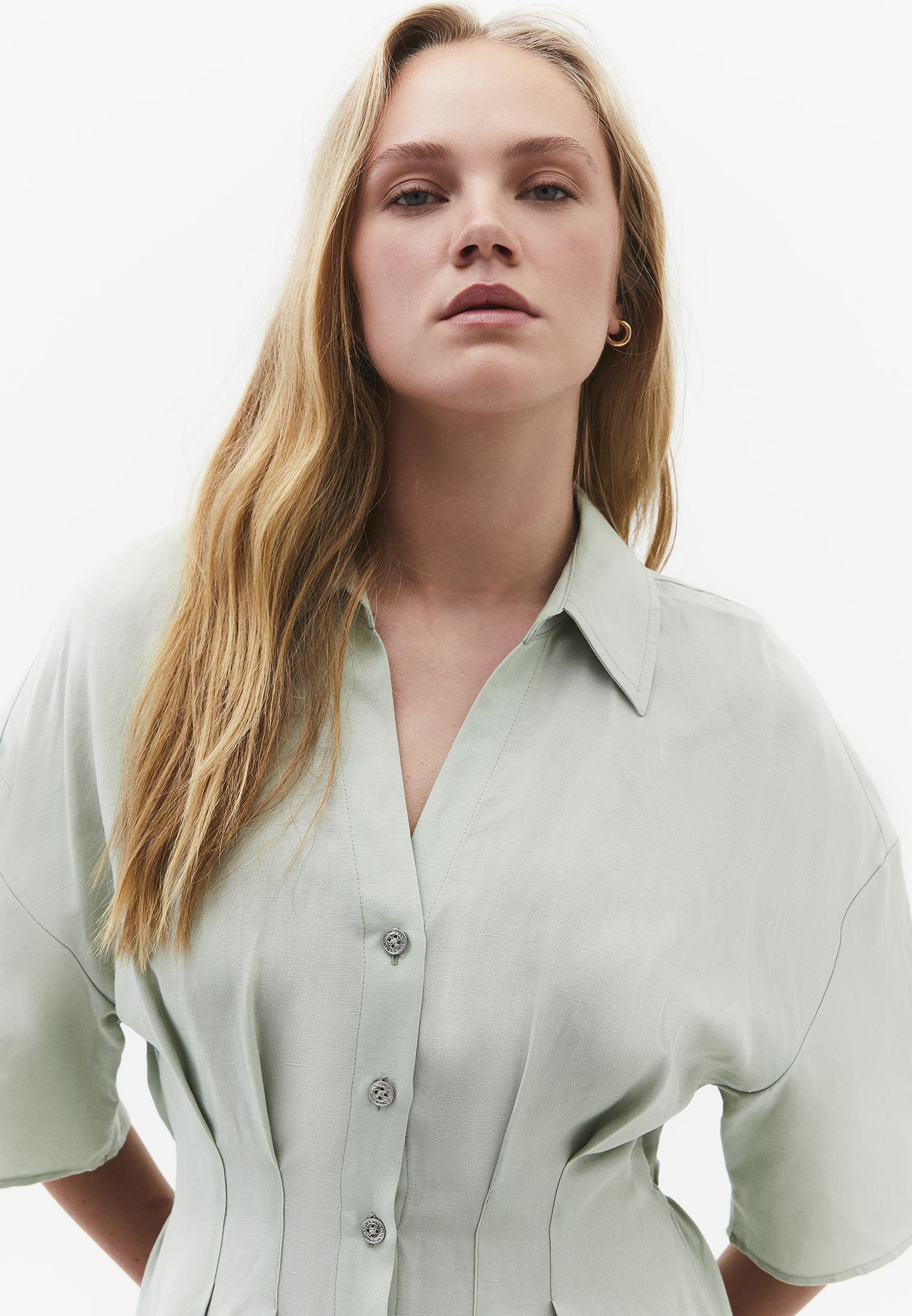 Shirt Collar Batwing Sleeve Pleated Long Dress - AQUA GRAY