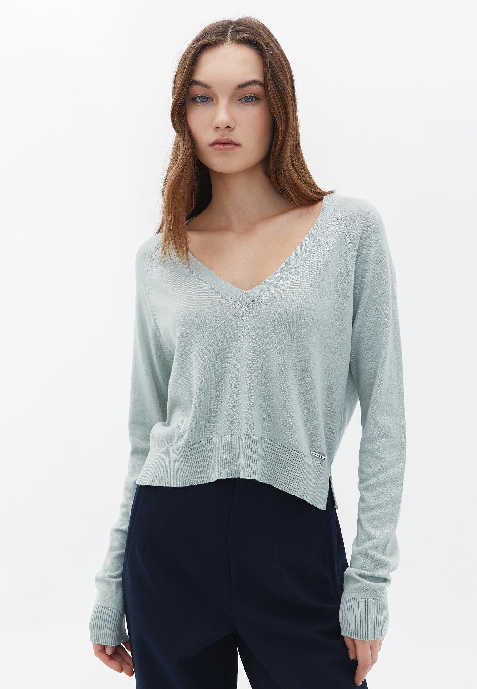 V Neck Raglan Sleeve Sweater - AQUA GRAY
