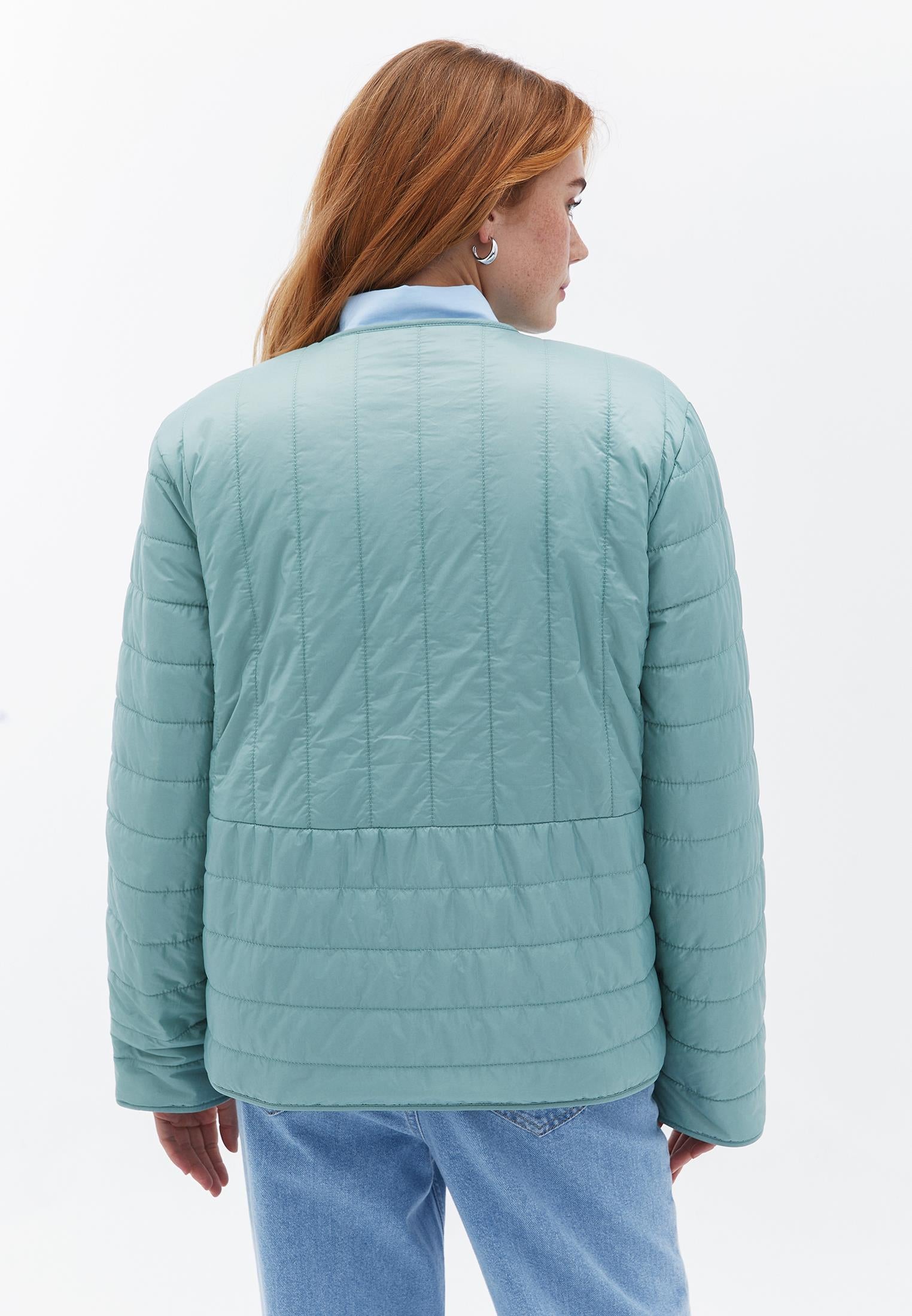 Crew Neck Long Sleeve Quilted Faux Fur Jacket - AQUA GRAY
