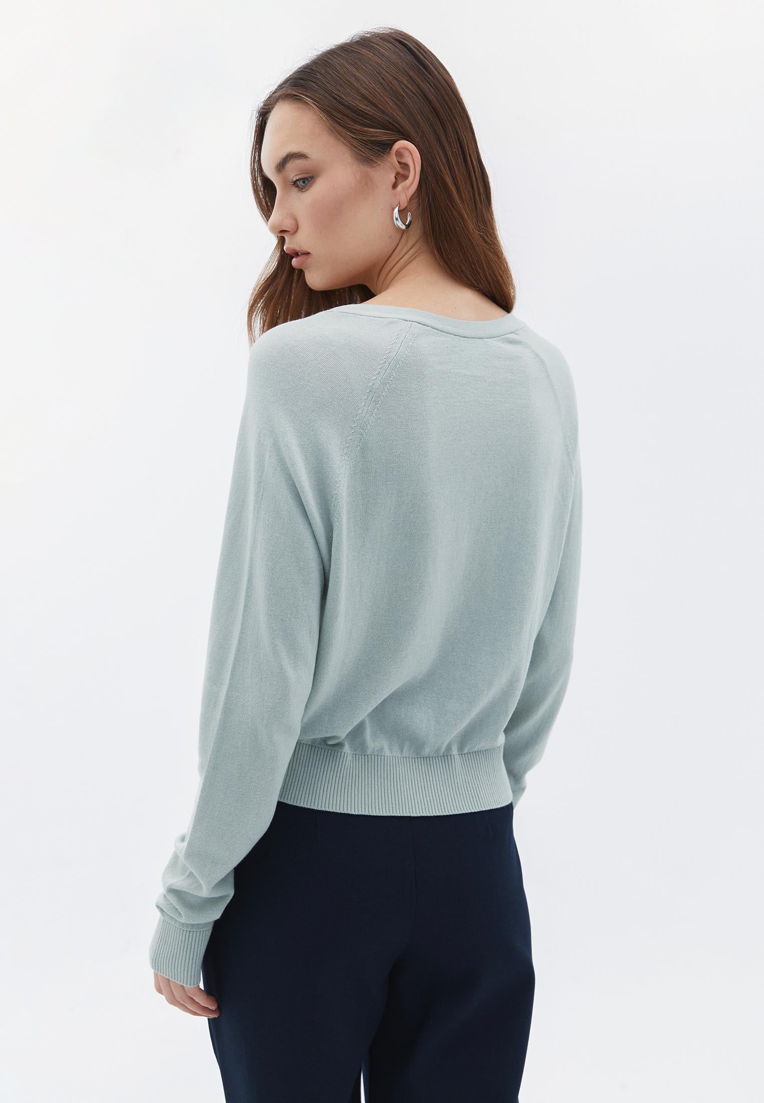 V Neck Raglan Sleeve Sweater - AQUA GRAY
