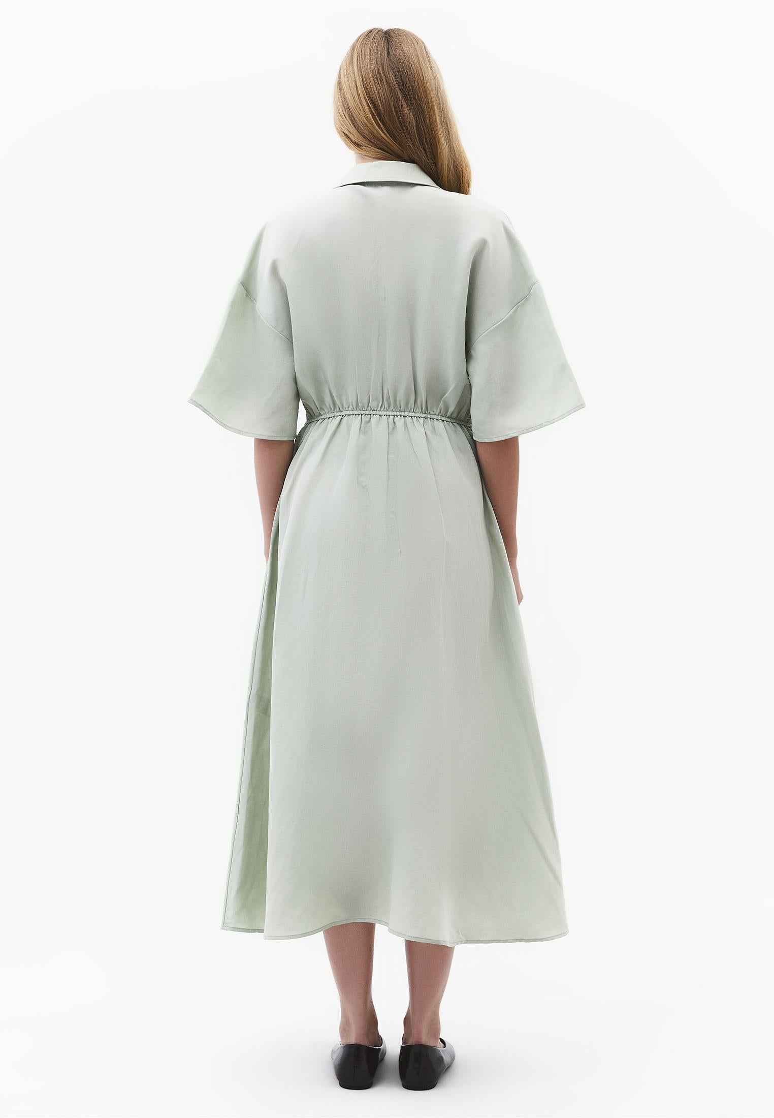 Shirt Collar Batwing Sleeve Pleated Long Dress - AQUA GRAY