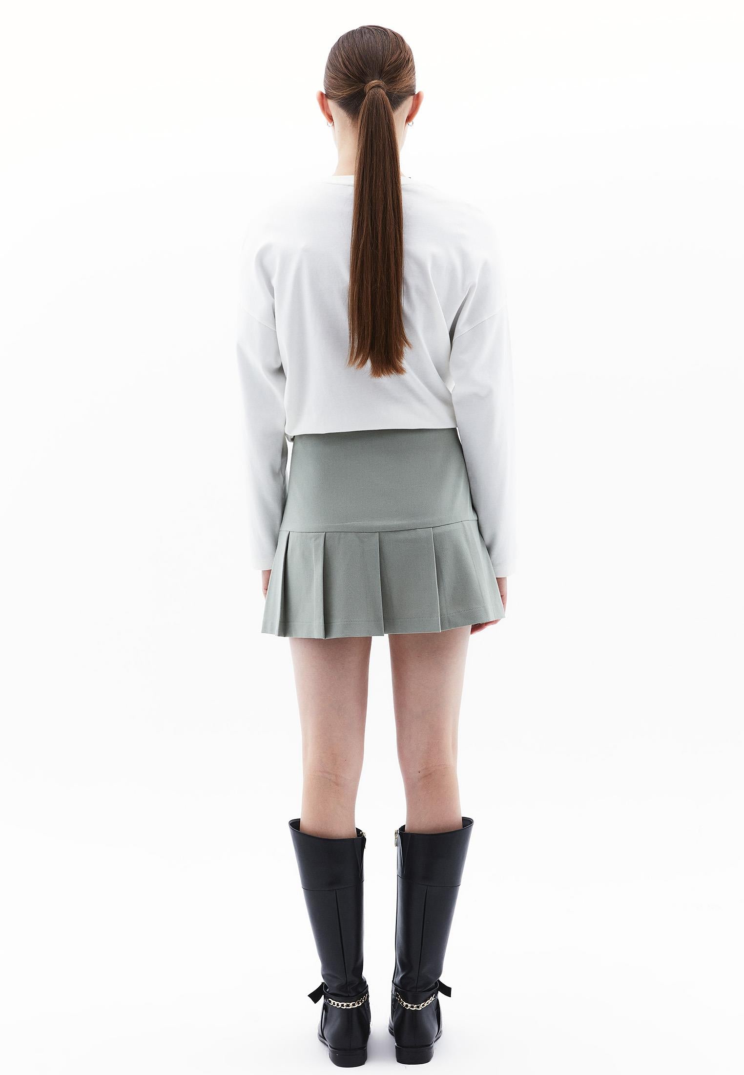 Pleated Short A-Line Skirt - AQUA GRAY