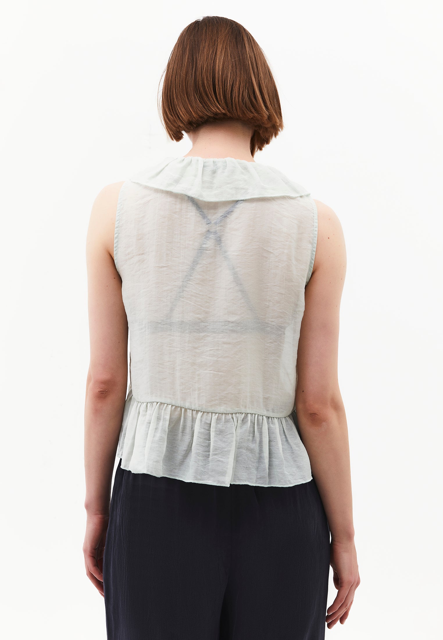 Sleeveless Blouse With Ruffle Detail And V Neckline - AQUA GRAY