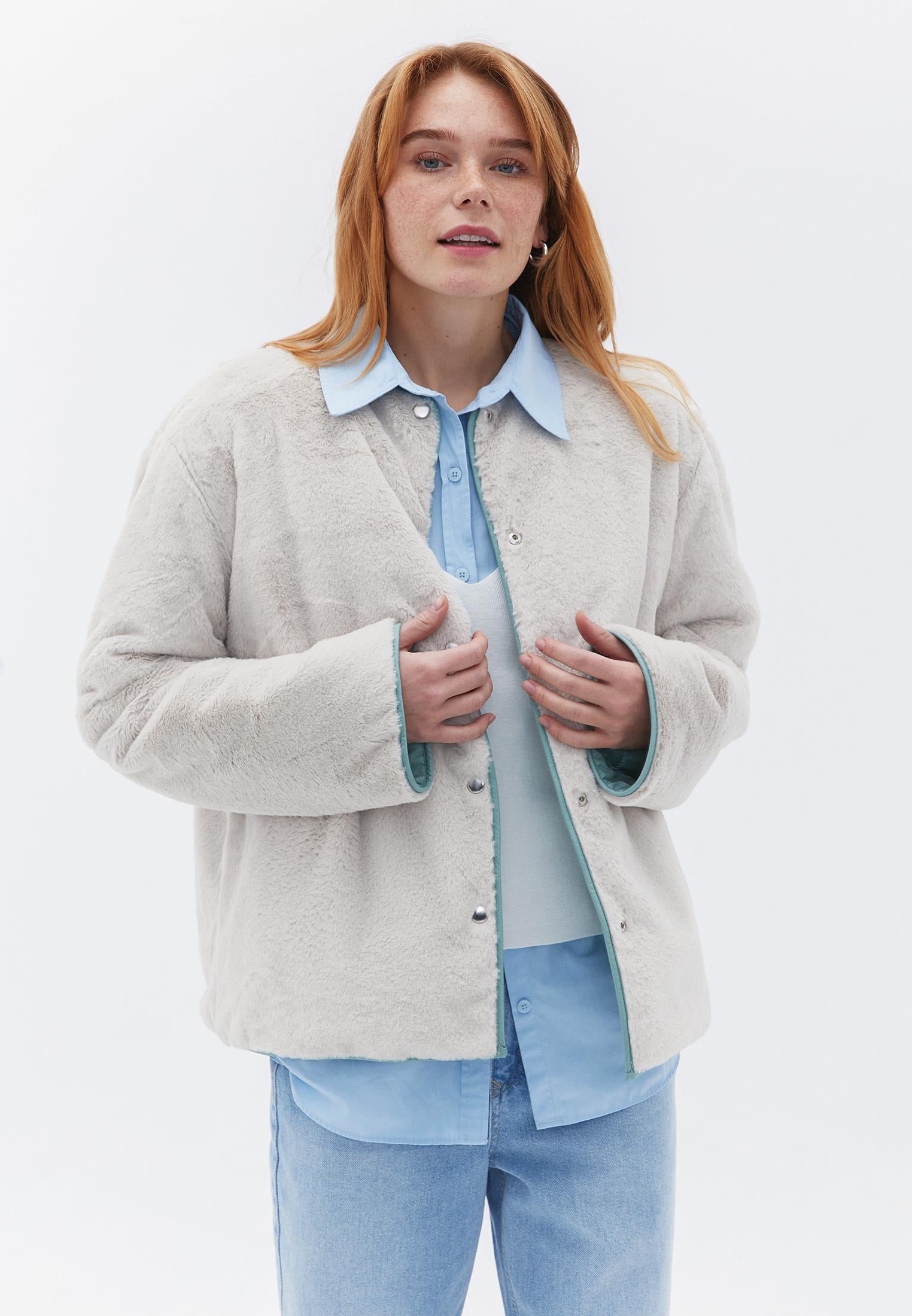 Crew Neck Long Sleeve Quilted Faux Fur Jacket - AQUA GRAY
