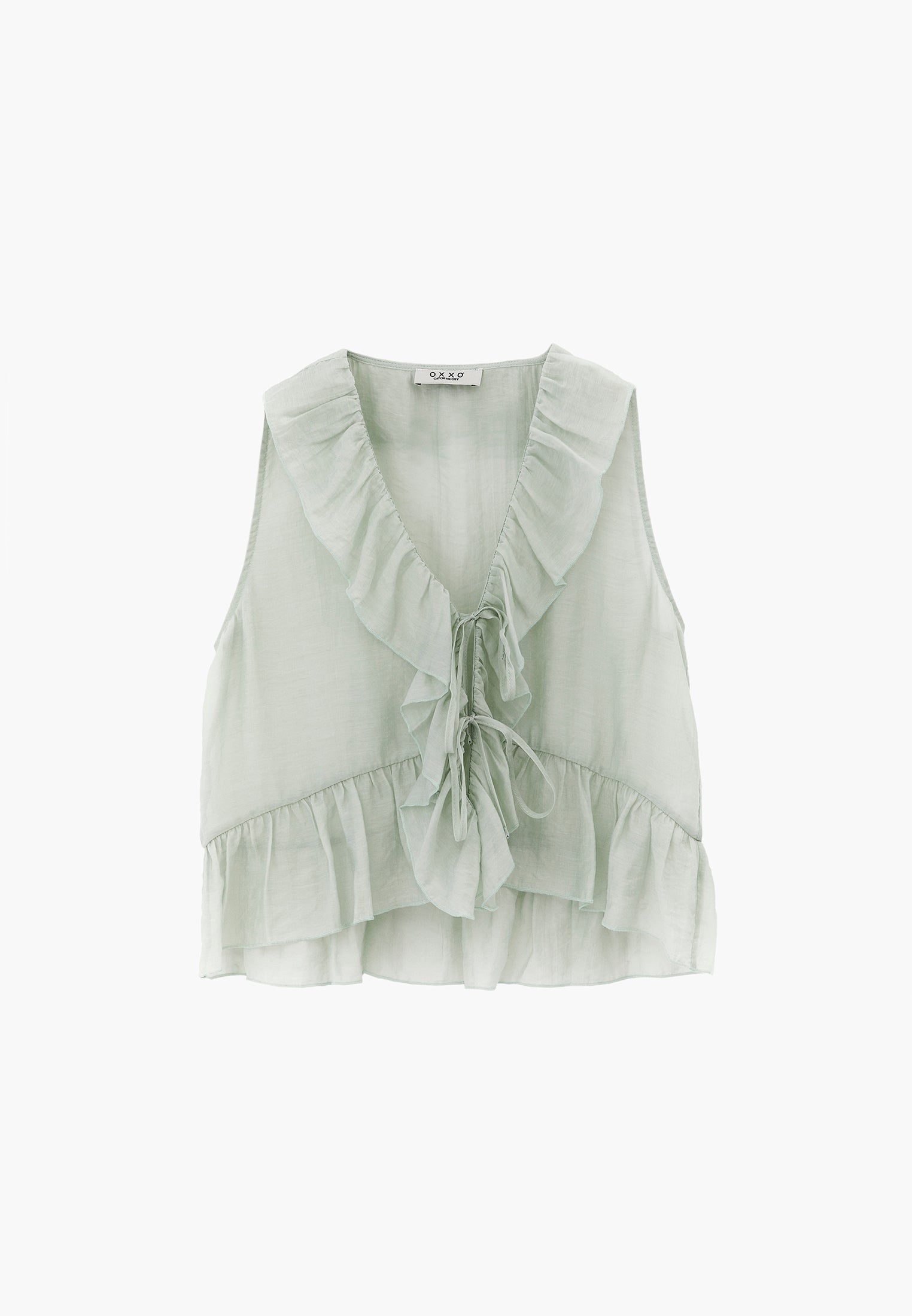Sleeveless Blouse With Ruffle Detail And V Neckline - AQUA GRAY