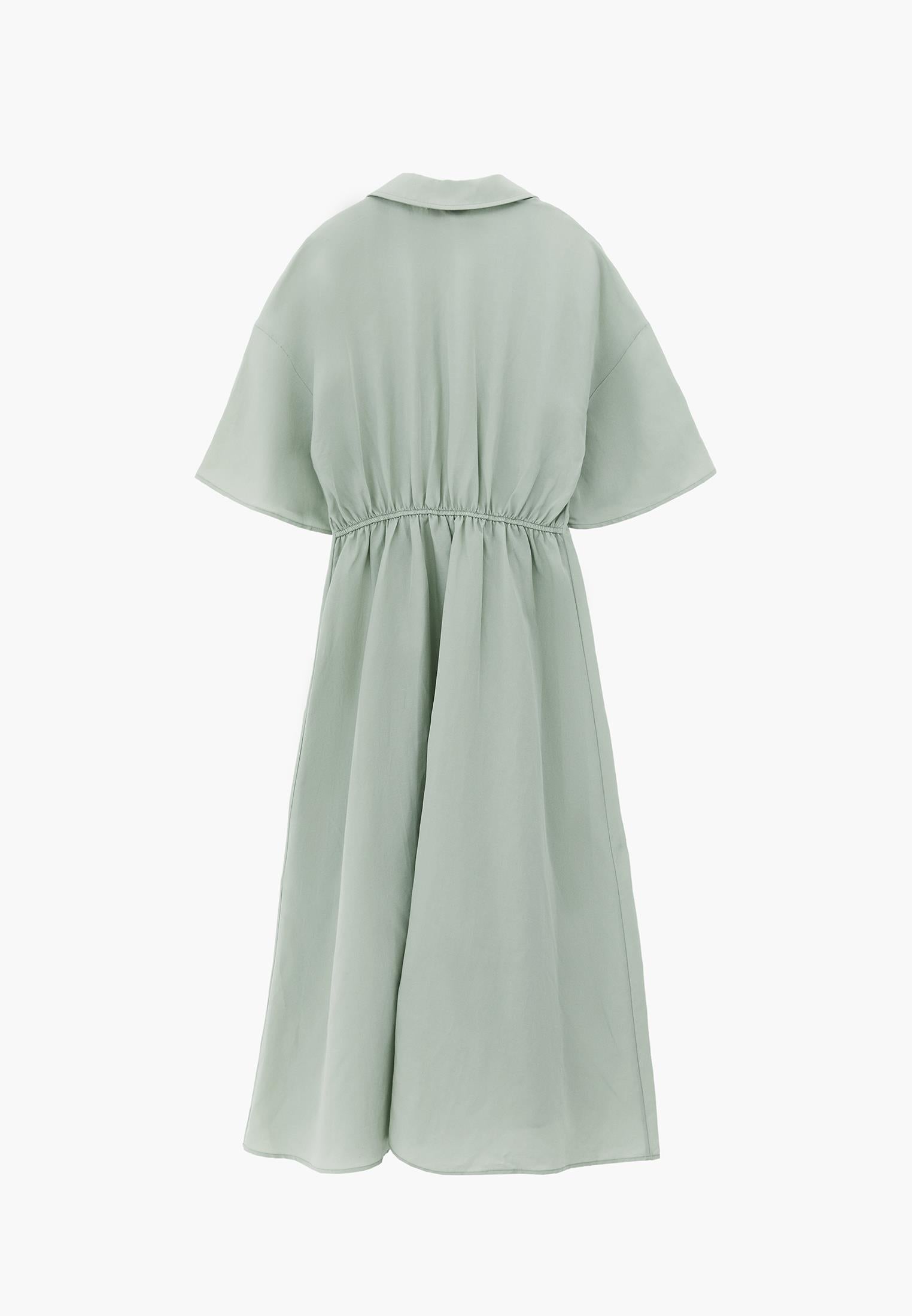 Shirt Collar Batwing Sleeve Pleated Long Dress - AQUA GRAY