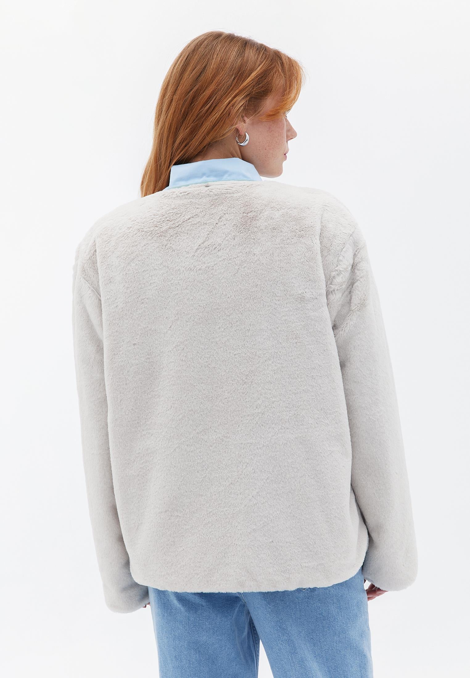 Crew Neck Long Sleeve Quilted Faux Fur Jacket - AQUA GRAY