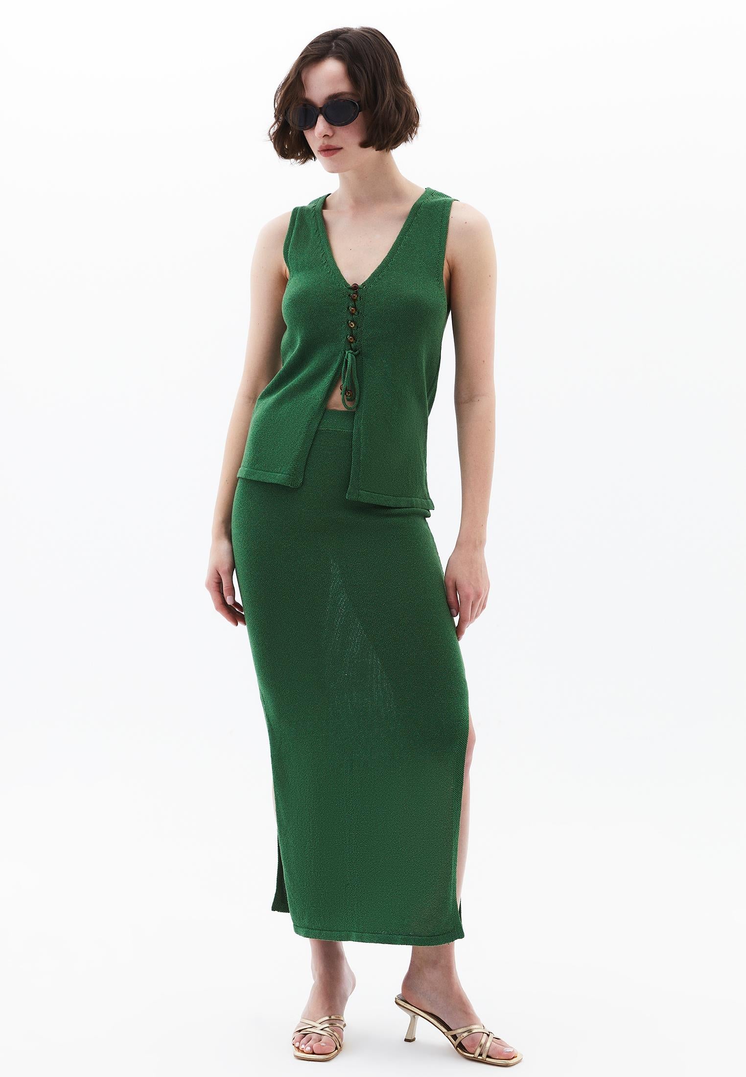 Sleeveless Tunic Vest With Beaded V Neck - ARTICHOKE GREEN