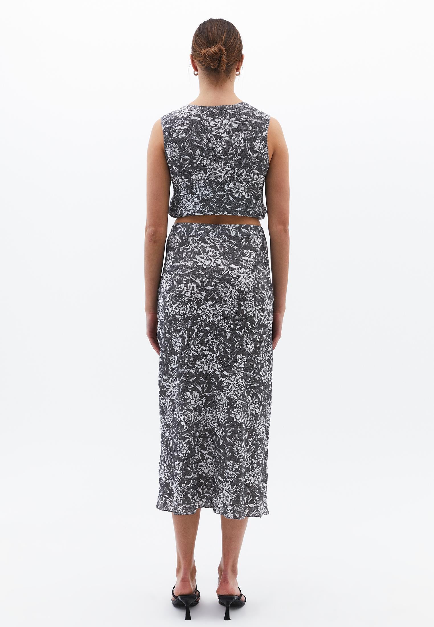 Midi Skirt With Slit Detail High Waist - ASPHALT FLOWER COMB