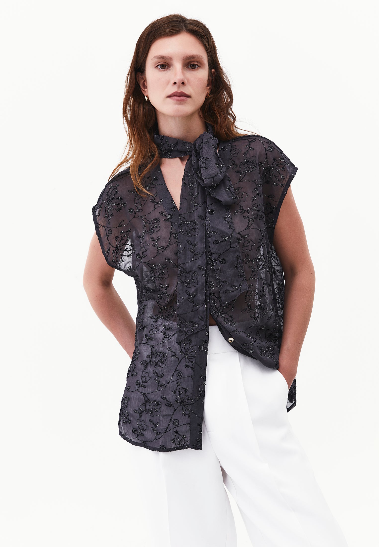 V-Neck Glitter Long Sleeve Shirt - ASPHALT