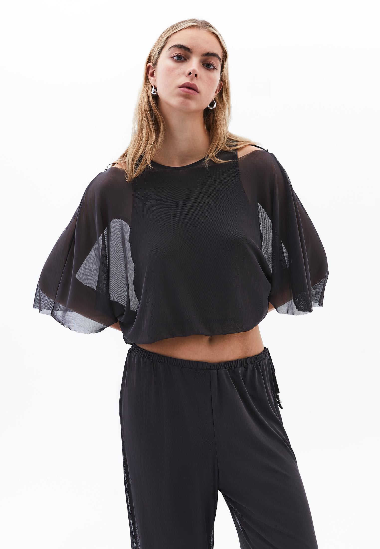 Batwing Sleeve Boat Neck Blouse - ASPHALT