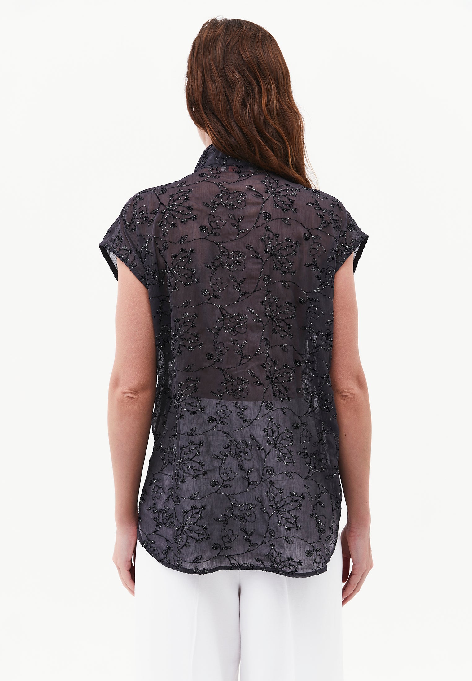 V-Neck Glitter Long Sleeve Shirt - ASPHALT