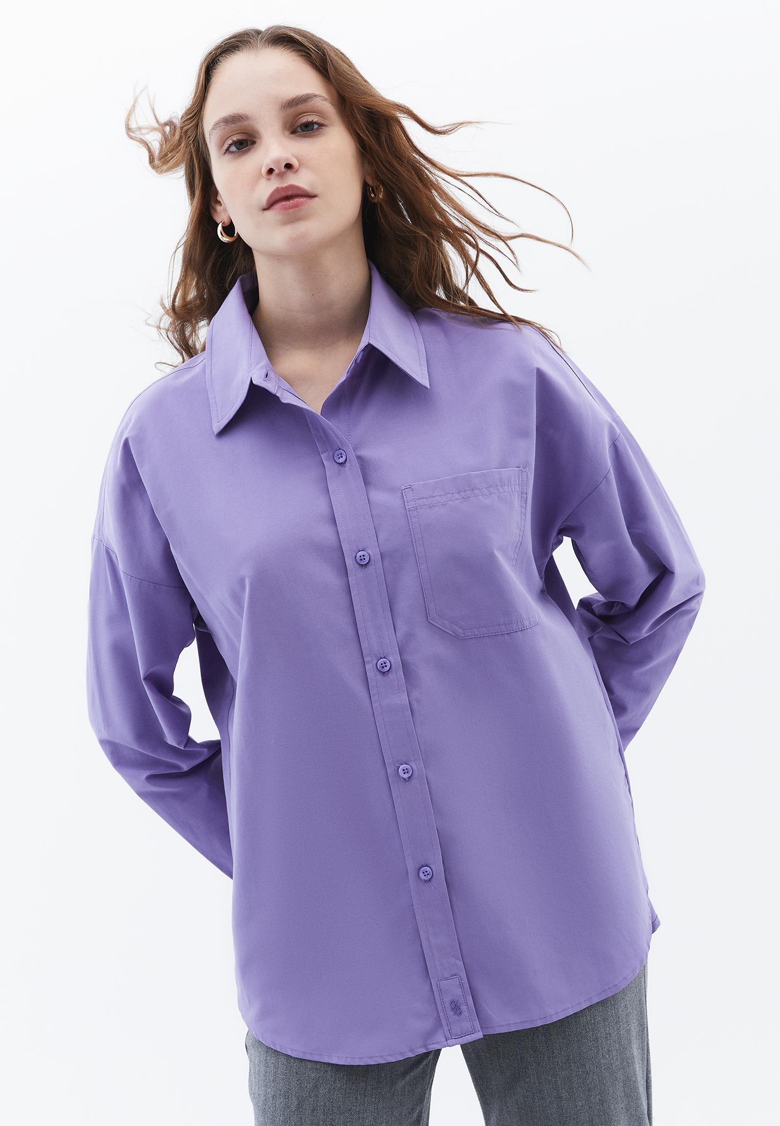 Oversize Long Sleeve Printed Shirt - ASTER PURPLE