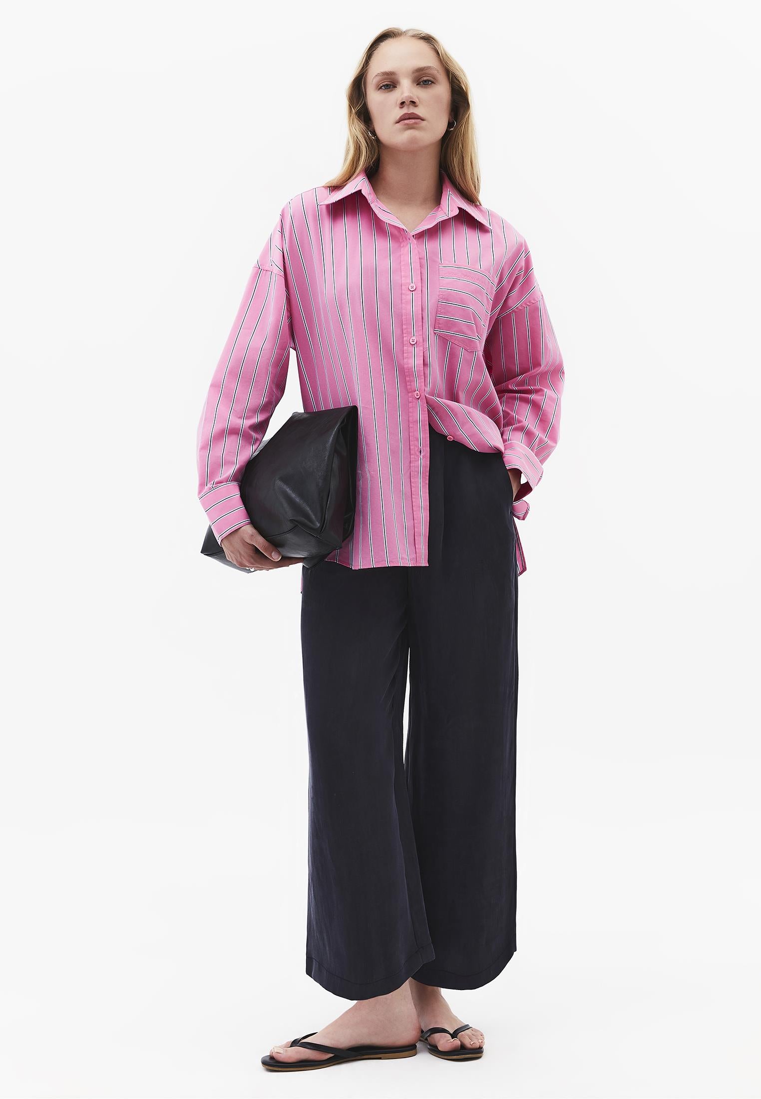 Oversize Shirt Collar Long Sleeve Shirt - AURORA PINK STRIPE