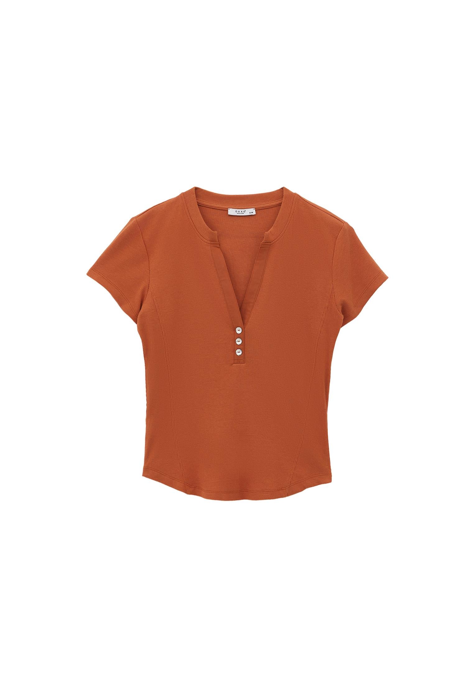 Short Sleeve T-Shirt With Button Detail - AUTUMN LEAF